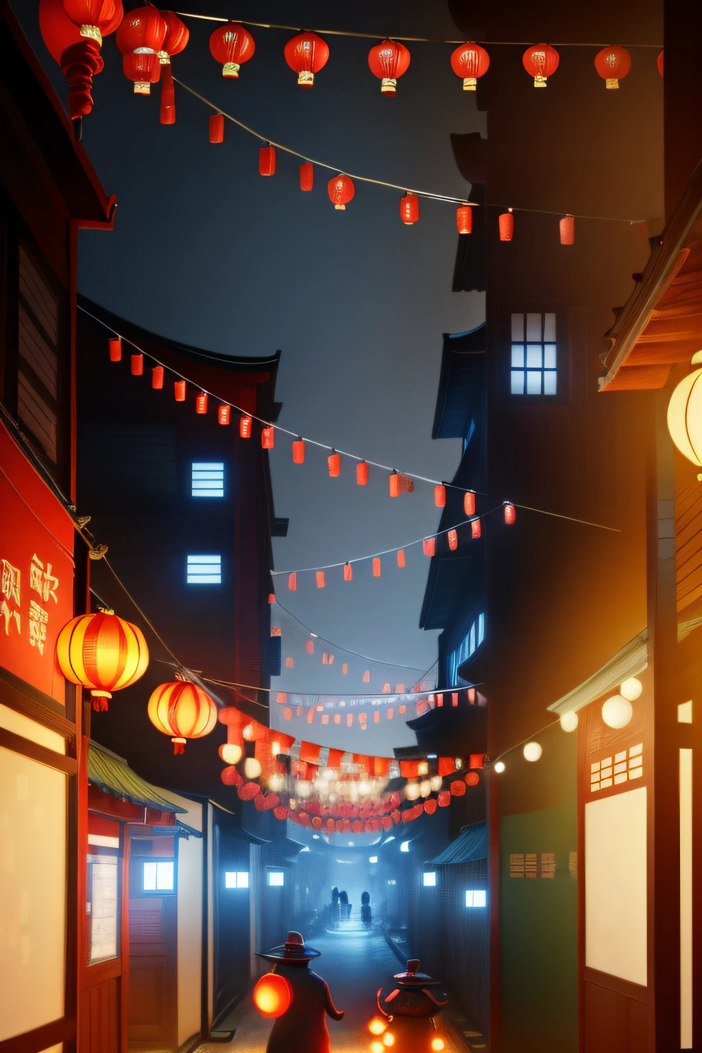 Many red lanterns hang from the ceiling of the building, street lanterns glow, in a narrow chinese alley, Red lanterns, dreamy Chinese towns, evening lanterns, street lanterns are shining, Chinese style buildings, Chinese New Year in Shanghai, Chinese lanterns,