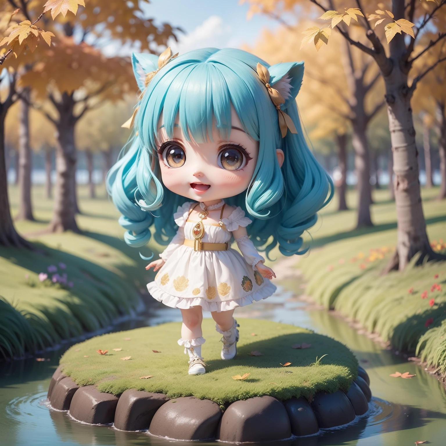 Cute **** Chibi Anime,Super masterpiece, top-quality, Ultra-detailed, girl1、（（（Chibi）））、Aqua blue curly hair、fashion modell、Anti-Girly、Open your mouth and smile、Looking at the camera、Fulll body Shot、Forests and lakes in the magical land of autumn fairy tales