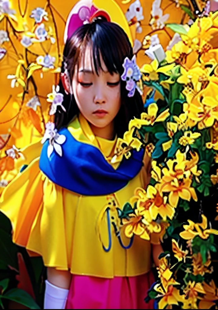 there is a woman standing in front of a bush of flowers, with yellow flowers around it, with flowers, girl in flowers, sun yunjoo, a young asian woman, woman in flowers, with frozen flowers around her, with yellow cloths, ulzzang, shot with a dslr, surrounded flower, flowers grow from the body, low quality photograph