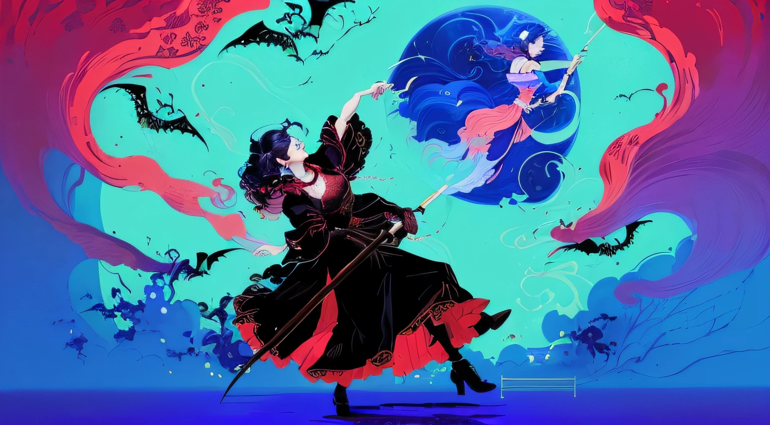 Illustration of woman in red dress dancing with bat, inspired by Tsukioka Yoshitoshi, jen bartel, satoshi kon artstyle, art promotional, Grimes - Book 1 Album Cover, takato yomamoto. 4 k, Satoshi Ima's style, Neo-Rococo Expressionist, in style of digital illustration, style of james jean