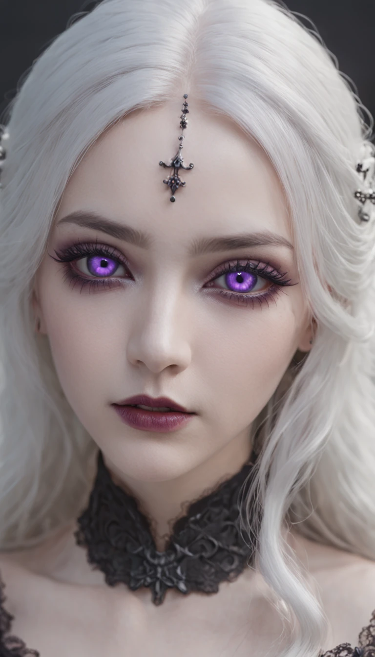 Masterpiece, Best quality, 1 girl, Solo,(Natural skin texture, Realistic purple eyes and facial details :5),(Dark :1.4), Deep shadows, Extremely detailed beauty, Detailed eyes and face, sharp purple eyes, lipsticks, No black eyeliner, Detailed Gothic costumes, long whitr hair, White hair like snow, nikon d850 film, Surreal, Realistic textures, Dramatic, lighting, illusory engine, (Face definition :1.5), (Transparent dress :1.1) Gothic style, Black lace dress,,Purple pupils,glomy