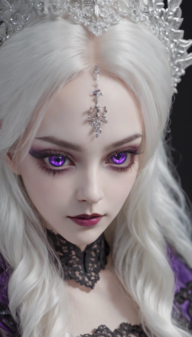 Masterpiece, Best quality, 1 girl, Solo,(Natural skin texture, Realistic purple eyes and facial details :5),(Dark :1.4), Deep shadows, Extremely detailed beauty, Detailed eyes and face, sharp purple eyes, lipsticks, No black eyeliner, Detailed Gothic costumes, long whitr hair, White hair like snow, nikon d850 film, Surreal, Realistic textures, Dramatic, lighting, illusory engine, (Face definition :1.5), (Transparent dress :1.1) Gothic style, Black lace dress,,Purple pupils,glomy