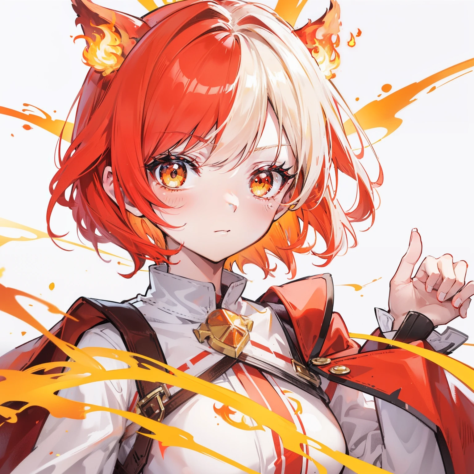 with short white hair，Slightly reddish tinge，The head is decorated with a yellow bow，Crimson pupils，Red, Orange and yellow clothes，It's a cute loli，White flame burning background，She will use white flames