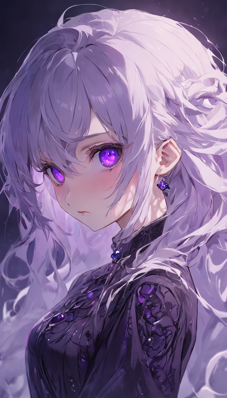 Masterpiece, Best quality, 1 girl, Solo,(Natural skin texture, Realistic purple eyes and facial details :5),(Dark :1.4), Deep shadows, Extremely detailed beauty, Detailed eyes and face, sharp purple eyes, lipsticks, No black eyeliner, Detailed Gothic costumes, Coiled hair, White hair like snow, nikon d850 film, Surreal, Realistic textures, Dramatic, lighting, illusory engine, (Face definition :1.5), (Transparent dress :1.1) Gothic style, Black lace dress, violet colored eyes，Purple pupils，glomy