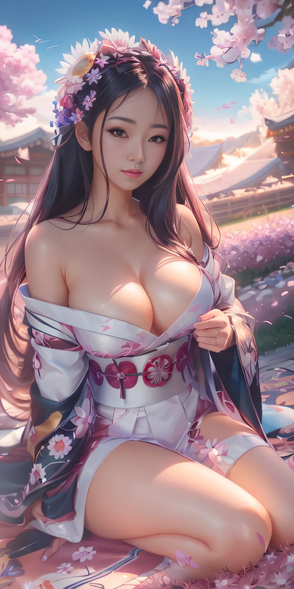 uma mulher em um quimono sentada em um cobertor em um campo, Japanese erotic goddess, mulher bonita sedutora do anime, anime sedutora, em quimono, Trend in CGTacing:, bela arte digital, asian hyperdetailed, Artgerm extremamente detalhado, mulher bonita do anime, Artgerm. anime illustration, arte de anime digital detalhada, photorealistic anime girl rendering.