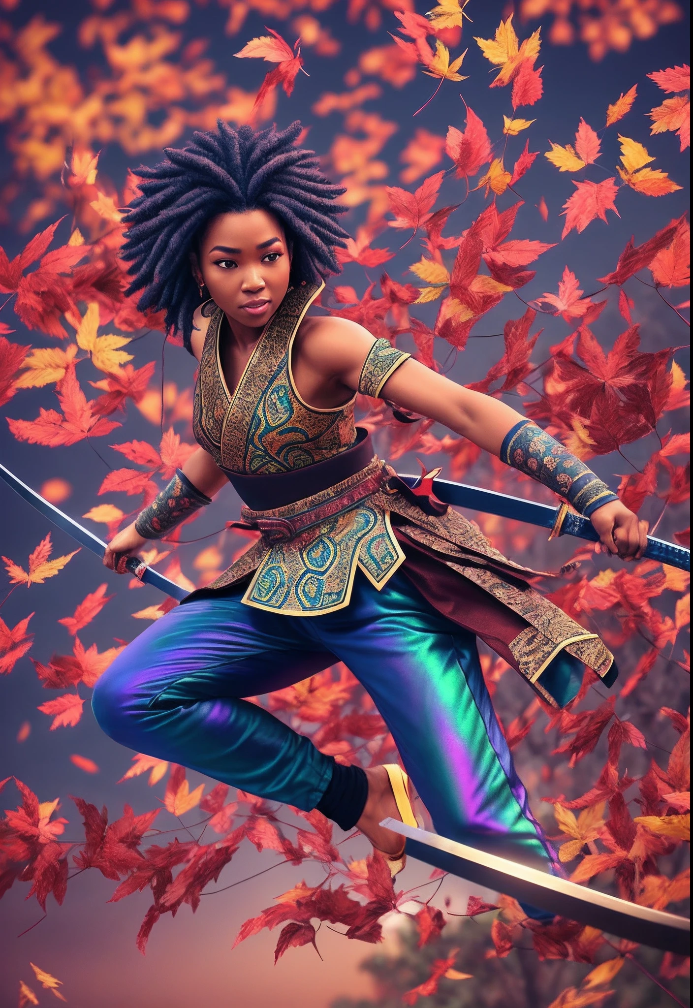 African woman dressed in African design samurai clothes, with curly blue hair with a sword jumping in air, fighting pose in mid air slashing falling red leaves with a sword, with iridescent light, highly detailed images, vibrant beautiful colours, photorealistic image, 8k, ultra HD, unreal engine rendered, cinematic lighting, artgerm style, --auto --s2