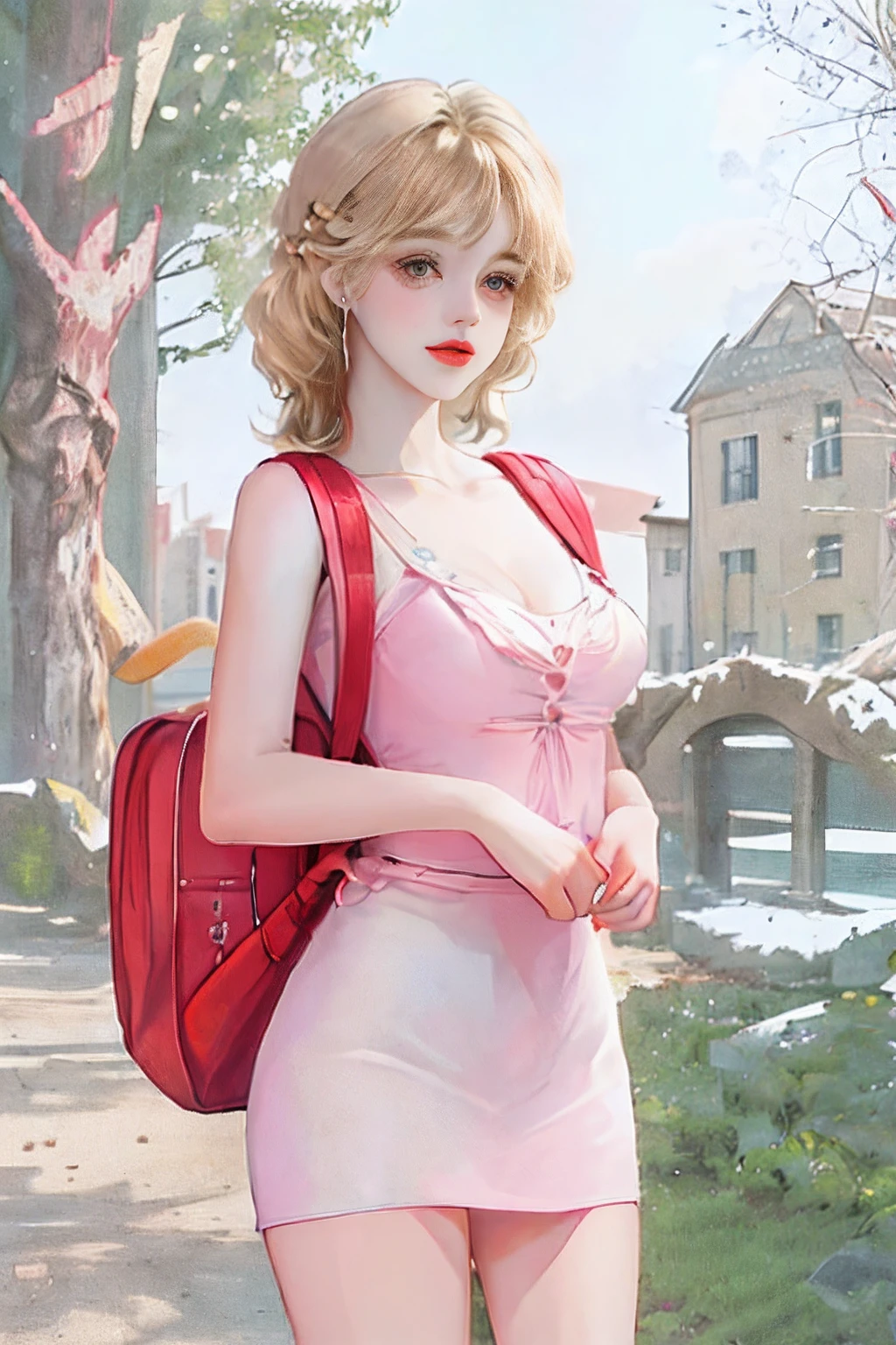 Vintage watercolor of a blonde, honey-eyed young preteen fairy goth Alexandra Daddario with a nostalgic air. She is dressed in a pale pink, sleeveless, pin-up style short dress, inside a rural school, in a courtyard full of trees and with a backpack on her shoulder. Full body image