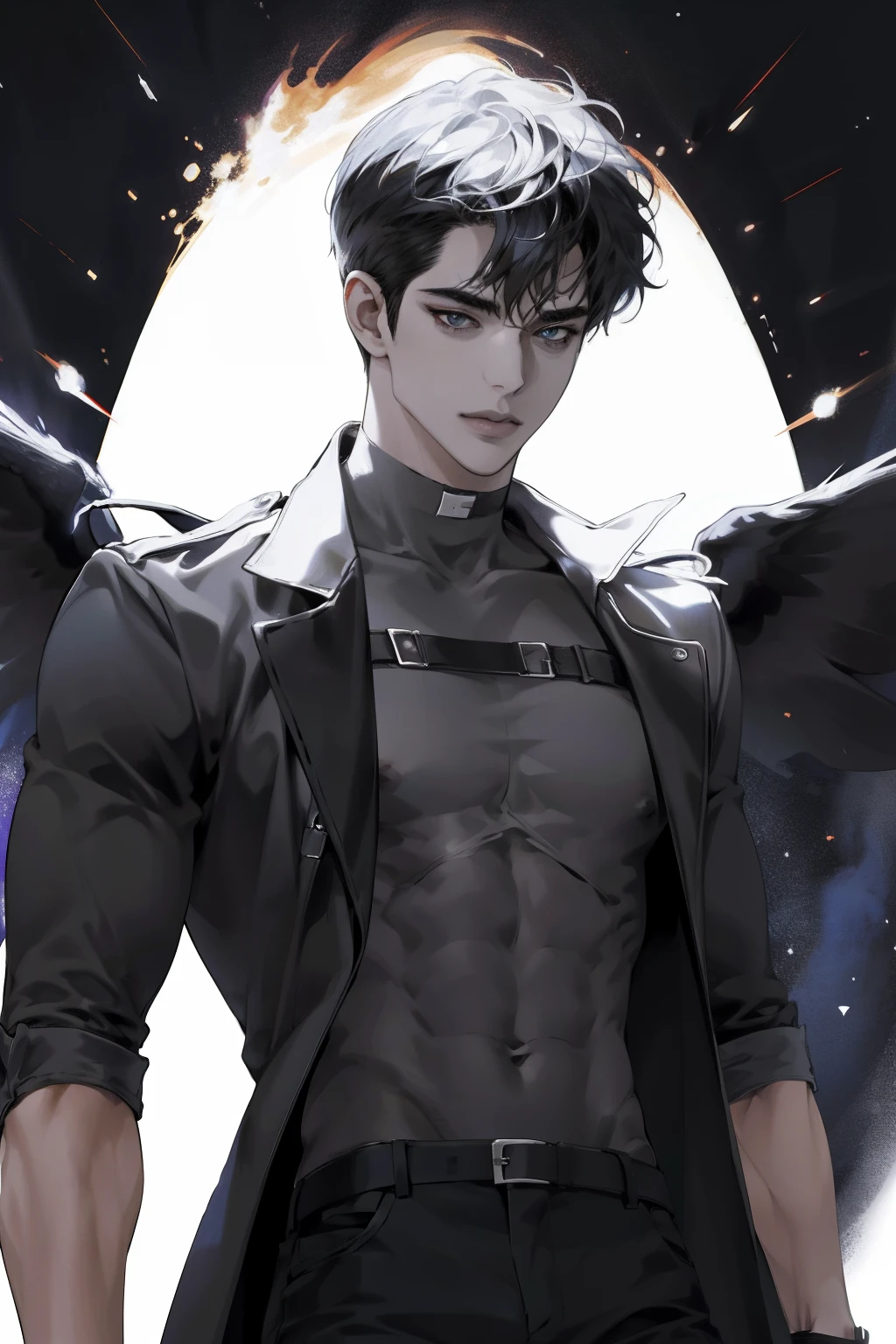 (absurdo, High resolution, Ultra detallado), 1 hombre, adulto, guapo, Chico alto y musculoso, sin camisa, hombros anchos, ojos finamente detallados y cara detallada, Pelo negro corto, Ojos de color negro, fantasy, gorgeous background, Efecto de sombra, Magic effect, flama
