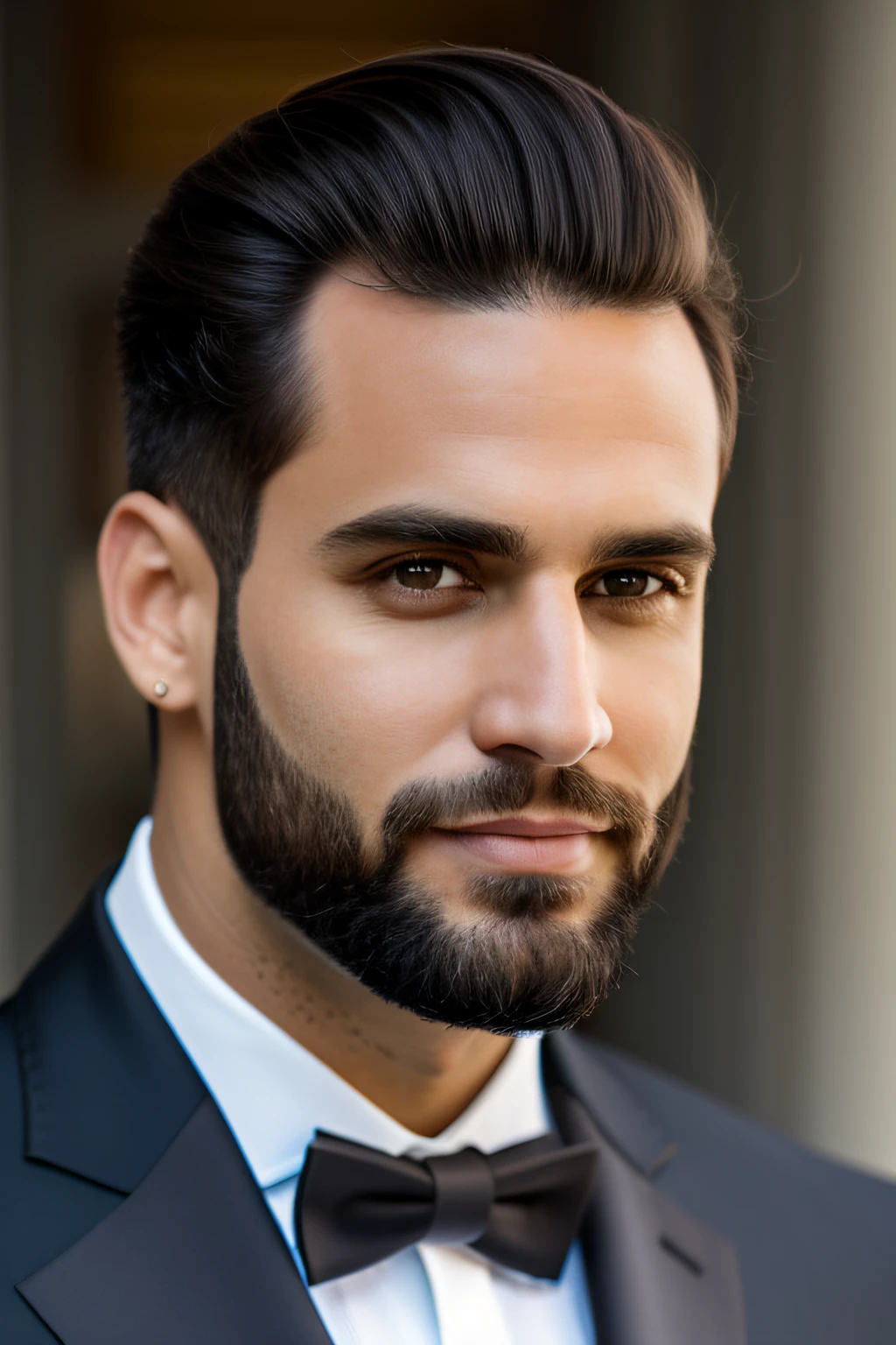 Man with beard and bow tie looking at the camera, modelo bem cuidado, olhar 43, olhar firme, homem muito atraente com barba, pelos faciais cuidados, bonito rosto detalhado, barba cuidada, bonito rosto atraente, retrato de closeup headshot, cabelo preto liso, Macho bonito, rosto masculino bonito, barba fina, retrato profissional close-up