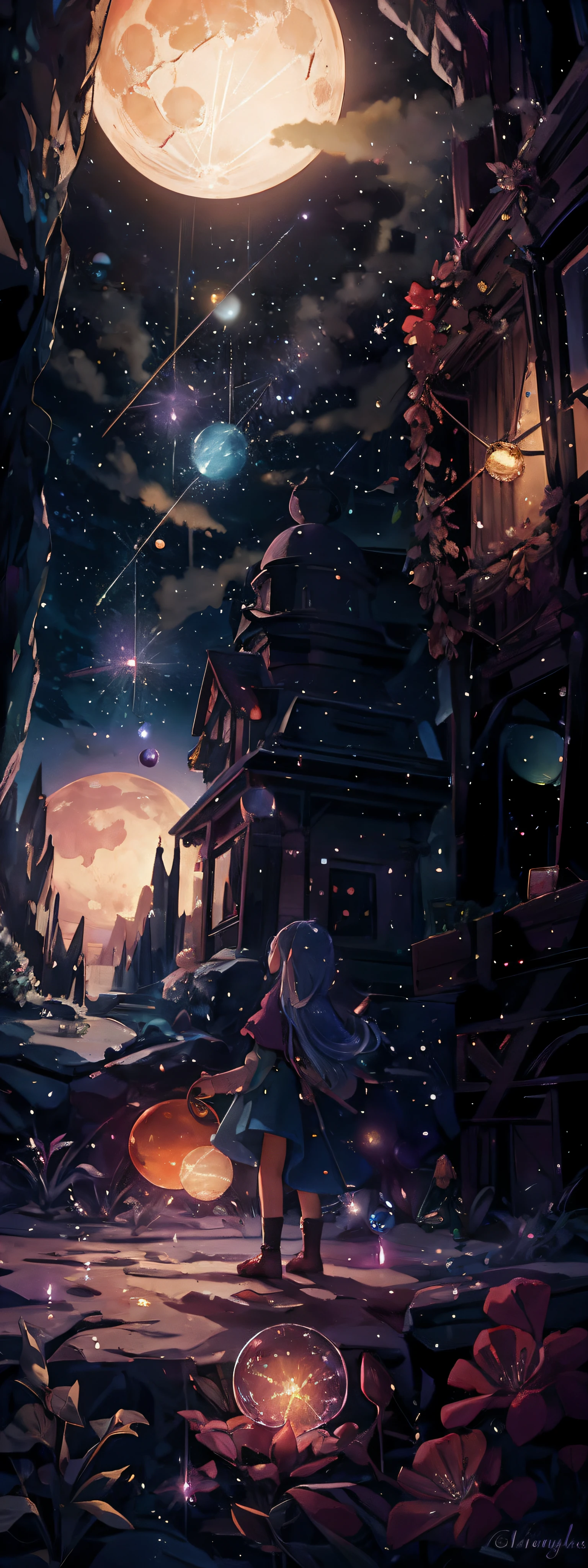 Expansive landscape photograph,(look from down,Sky and wilderness below), girl in dark green dress standing in a flower field looking up,(moon full:1.2),(meteors:0.9),(Starcloud:1.3),Far Mountain,Tree BREAK Production Art,(Warm light source:1.2),(glowworm:1.2),lamp lights,Purple and orange,Complicated details,Volumetriclighting,Realism rests(tmasterpiece:1.2)(best qualtiy), 4K, ultra - detailed, (dynamic compositions: 1.4), Highly detailed and colorful details, (Irridescent color: 1.2), (Radiant illumination, Atmospheric lighting), dream magical, Magic, (独奏: 1.2), Realistic flowers, materpiece, muri, Ultra-fine flowers, Picturesque walls, meteors, meteor shower, meteors, glowworm, Small ball of light, spherical body, wondrous, light particules, star rain, The stars vibrate, blue moon, New Moon, pentacle, First, Betelgeuse, glass orbs