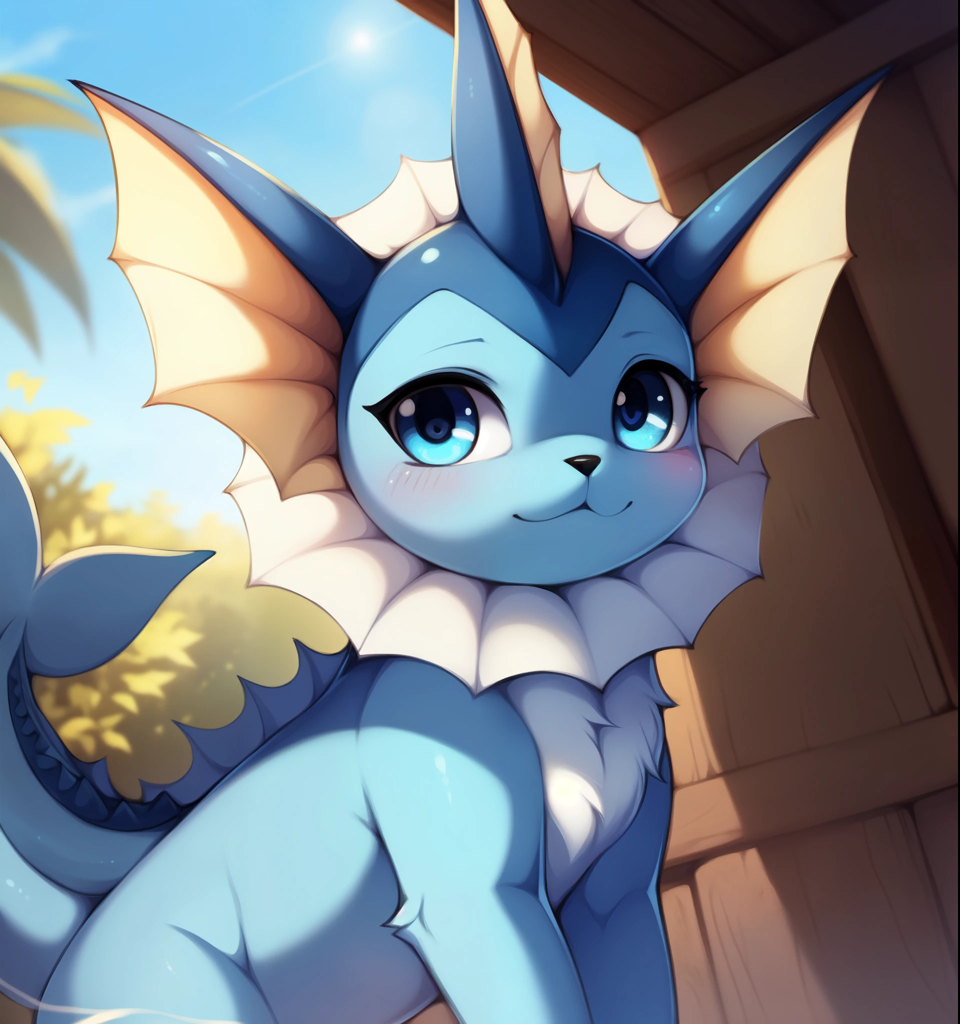 uploaded on e621, ((by Castitas, by Makoto Shinkai, by Hioshiru, by Glacierclear, by Rumiko Takahashi)),
solo chibi (quadruped feral:1.4) ((Vaporeon)) with ((blue violet body)) and ((clear light blue eyes)) and (whale tail), 
(detailed Vaporeon), ((detailed fluffy fur)),
(half-length portrait, looking away, three-quarter view, [low-angle view]:1.2),
BREAK,
(detailed background, depth of field, half body shadow, sunlight, ambient light on the body),
(intricate:0.7), (high detail:1.2), (unreal engine:1.3), (sharp focus:1.1),
[explicit content, questionable content], (masterpiece, best quality, 4k, 2k, shaded, absurd res)