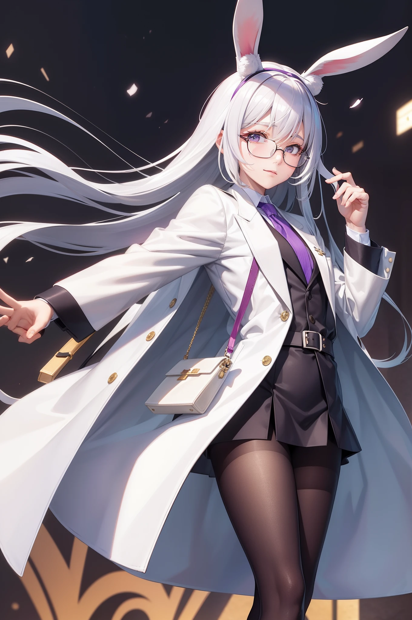 Bunny ears，long whitr hair，wears glasses，White coat，traveling clothes，Holding the camera in hand，purple belt，Black boots，Close one eye，Laughing，There is a rabbit element behind it，Gray underwear，Bareleged，Open coat，Carry a cross-body bag，The package has a rabbit pattern，The overall clothes are mainly rabbit elements，Head sideways，