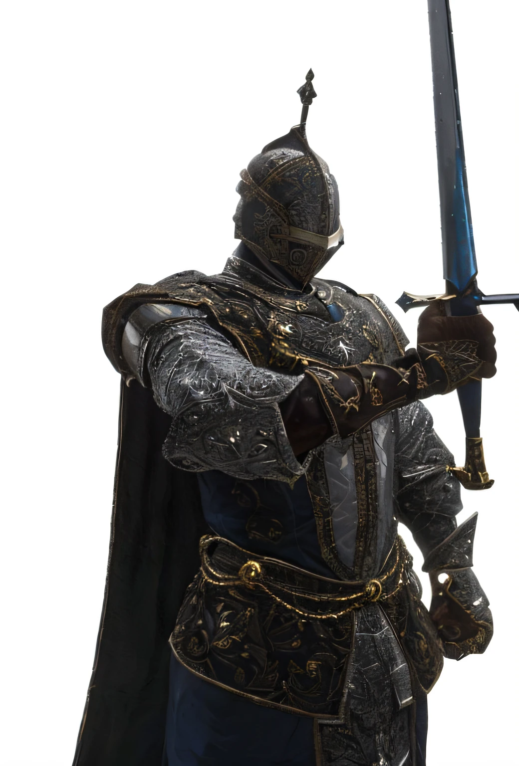 a closeup of a statue of a knight holding a sword, armadura altamente detalhada, armadura de prata detalhada, cavaleiro das almas das trevas, cavaleiro blindado, O Cavaleiro das Almas Negras, armadura azul e prata gelo, intrincada armadura gravada, armadura pesada de prata e ouro, armadura realista, armadura intrincada de prata, armadura grossa, luz saindo da armadura, armadura detalhada, armadura ornamentada