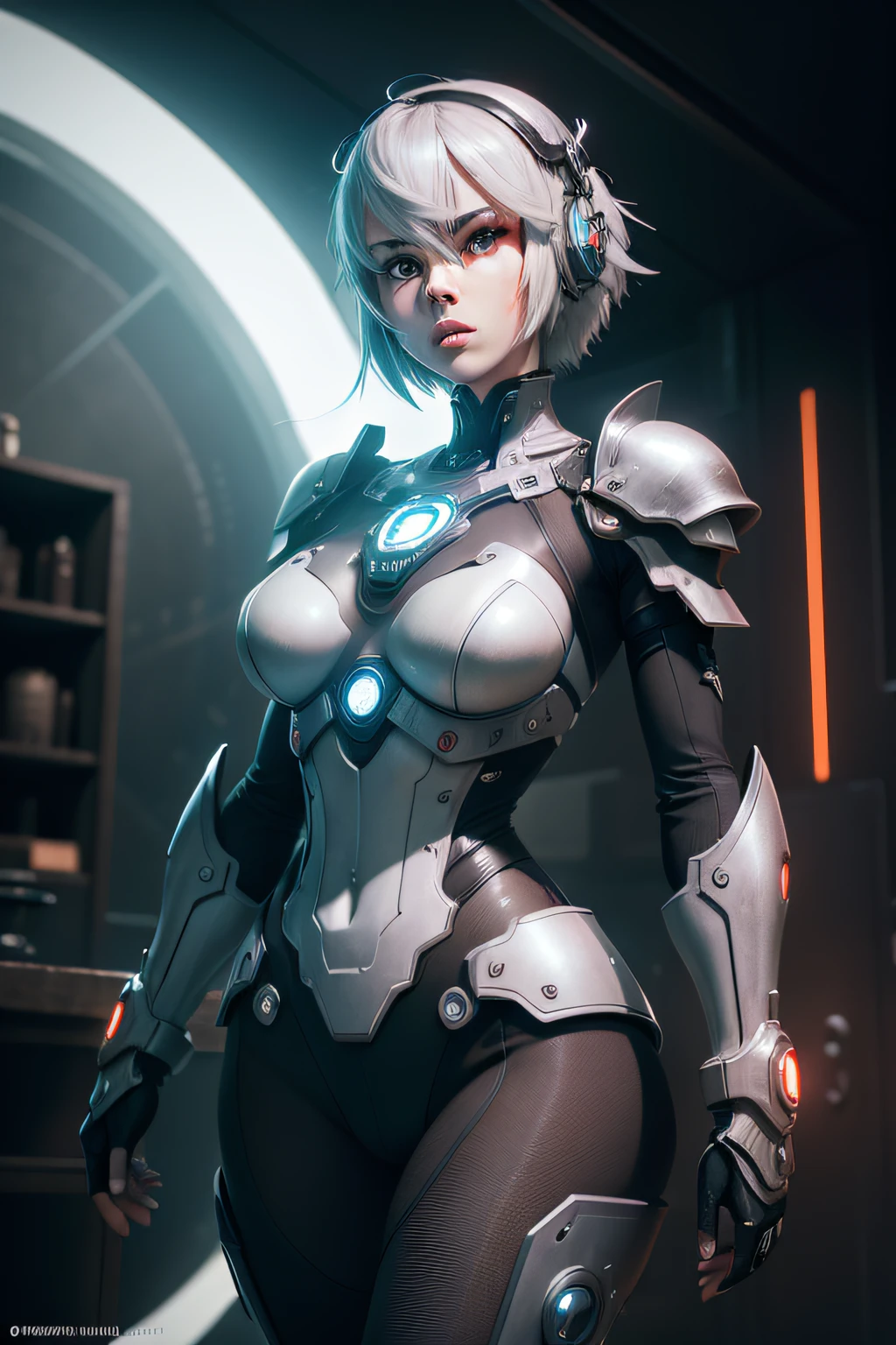 (La mejor calidad,A high resolution,Ultra - detallado,actual),sabrina carpenter cyborg transparent , ( mini skirt cyborg orange :1.4), top corto white transparent ,,(Fondo de ruinas de mazmorra en ruinas cyberpunk :1.4 ), (Mechanical vertebrae attached to the back, mechanical cervical attachment to the neck, alambres y cables que se conectan cuerpo , Evangelion, small bright LED lamps:1.4) , More detailed 8K.motor irreal:1.4,UHD,La mejor calidad:1.4, fotorrealista:1.4, textura de la piel:1.4, obra maestra:1.8,obra-prima, mejor calidad,objeto Objeto], (detailed face features:1.3),(Las proporciones correctas),(Ojos hermosos azules),  (pose vaquero),( sabrina carpenter:1.4), (sabrina carpenter V2.1),( perfect anatomy:1.4), (cyborg mechanical robot transparent plastic white:1.4), ,(Fondo de ruinas de mazmorra en ruinas piedras grandes caverna :1.4 ), (cinematic lighting :1.4), (fondo laboratorio robotic :1.4), (Cyborg inteligencia artificial :1.4),( face detailed :1.4), (no mutaciones), (weared in translucent:1.4) 