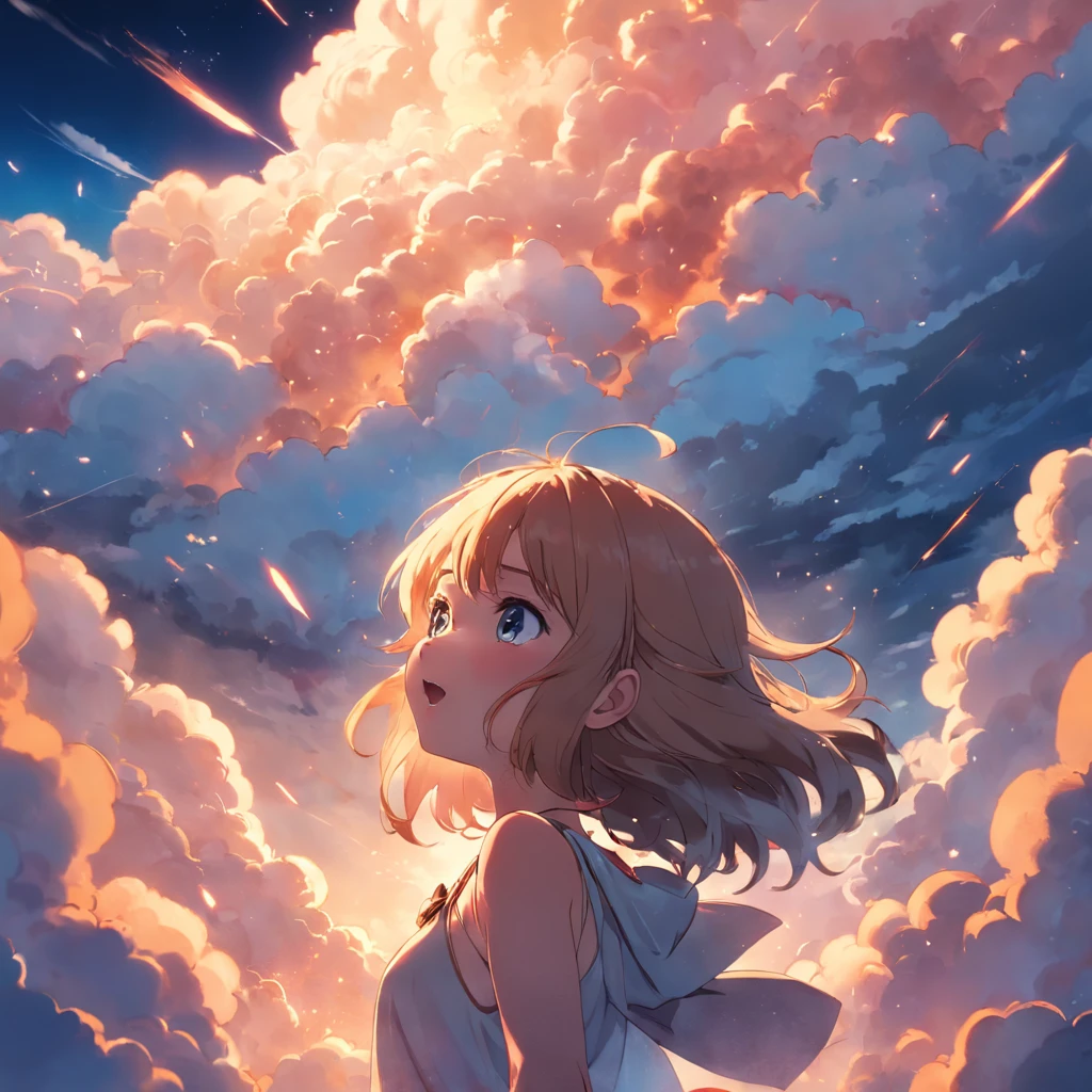 masterpiece, best quality, movie still, 1girl, cloud girl, floating in the sky, close-up, bright, happy, warm soft lighting, sunset, (sparks:0.7)