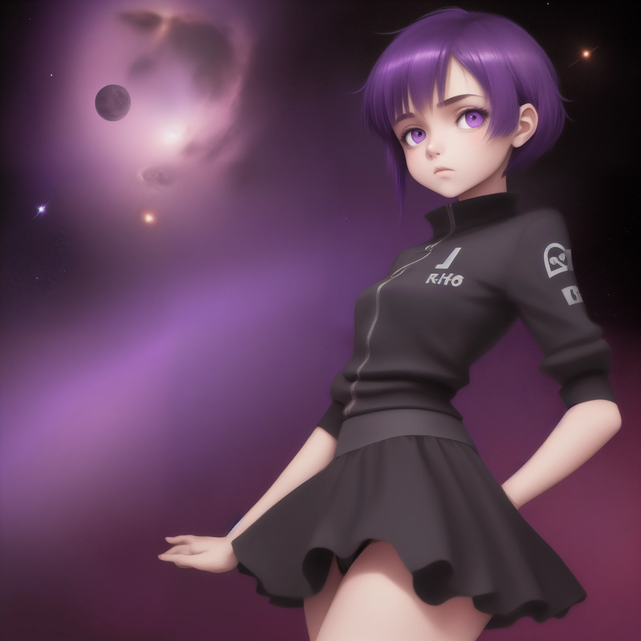 1menina, solo, kafka, cabelo roxo, estilo anime, (nu: 1.3), (sbikini), seios grandes, decote, coxas, space background, (rubor: 1.3)