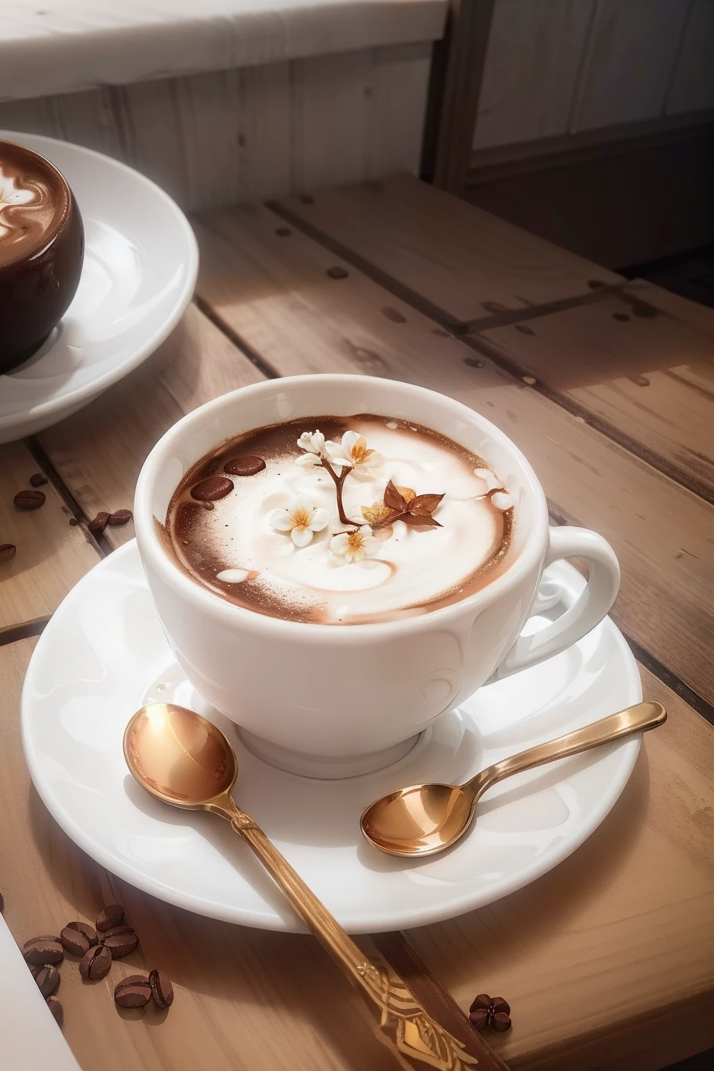 An overhead view of a latte, where the art on its surface depicts a complex floral pattern. The cup is surrounded by coffee beans and a small notebook, adding context to the coffee experience. Medium: Photography. Style: Ultra-detailed, reminiscent of the works of food photographer Maren Caruso. Lighting: Ambient, with natural light streaming in from a nearby window, casting soft shadows and adding depth. Colors: A rich palette of the coffee's deep browns, the froth's creamy whites, and the dark hues of the coffee beans.