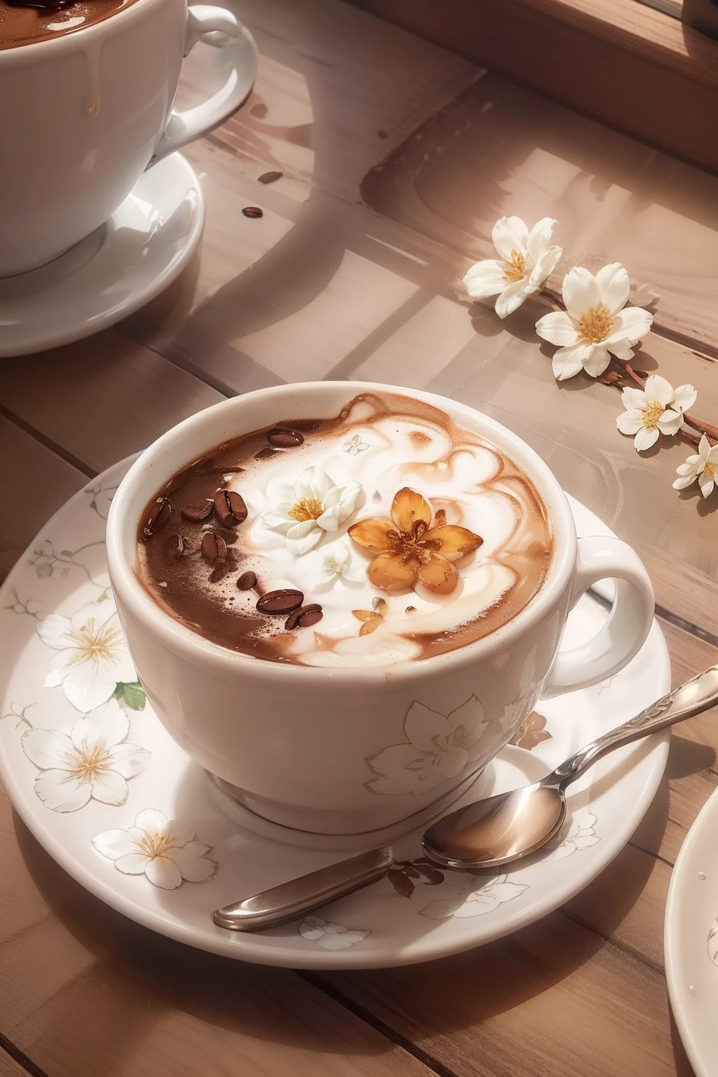 An overhead view of a latte, where the art on its surface depicts a complex floral pattern. The cup is surrounded by coffee beans and a small notebook, adding context to the coffee experience. Medium: Photography. Style: Ultra-detailed, reminiscent of the works of food photographer Maren Caruso. Lighting: Ambient, with natural light streaming in from a nearby window, casting soft shadows and adding depth. Colors: A rich palette of the coffee's deep browns, the froth's creamy whites, and the dark hues of the coffee beans.