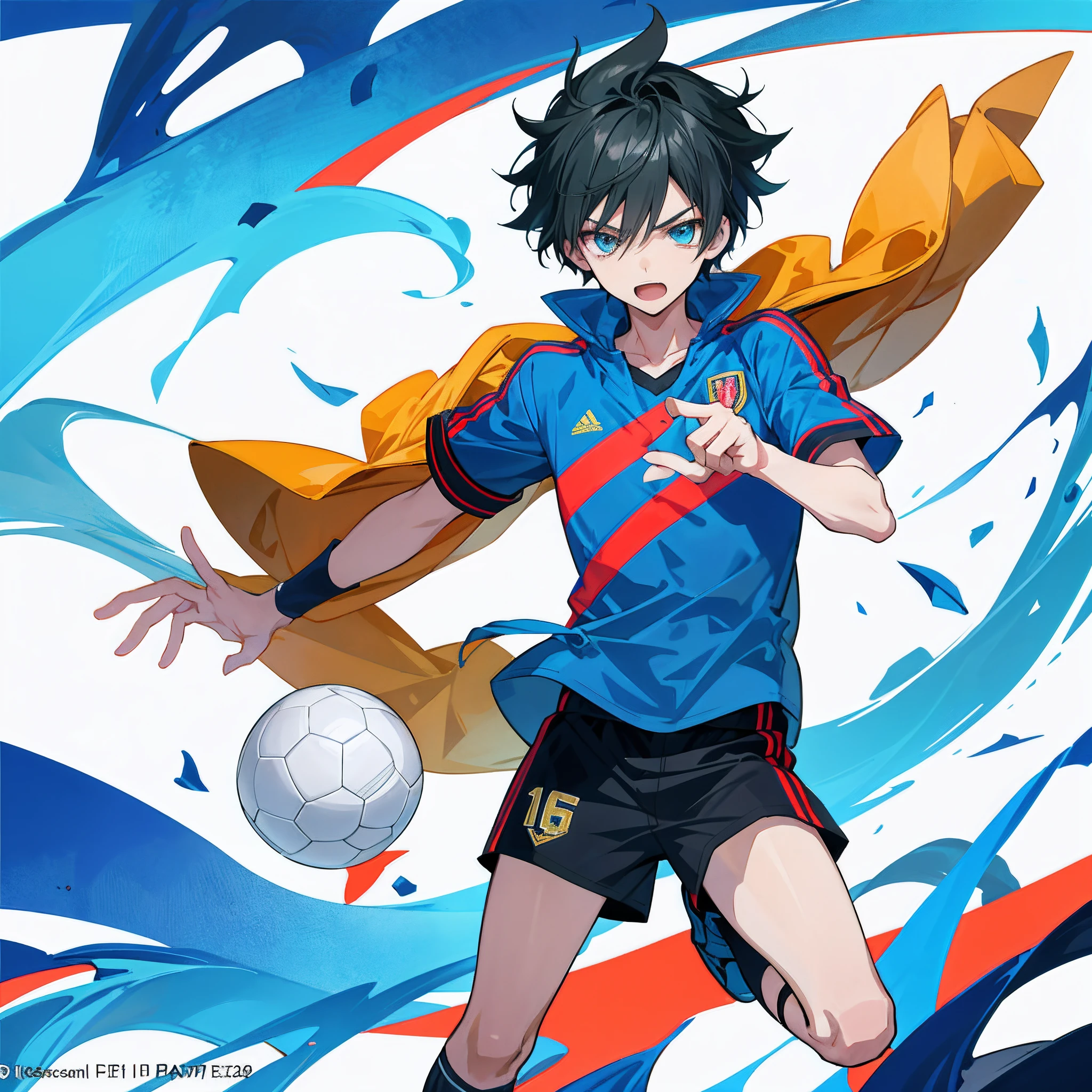 Design an anime-themed artwork featuring a teenage boy who is passionate about soccer. The setting should have a white backdrop. The boy's appearance should reflect the anime aesthetic, and he should be dressed in soccer attire. The main emphasis should be on his involvement with the soccer ball.