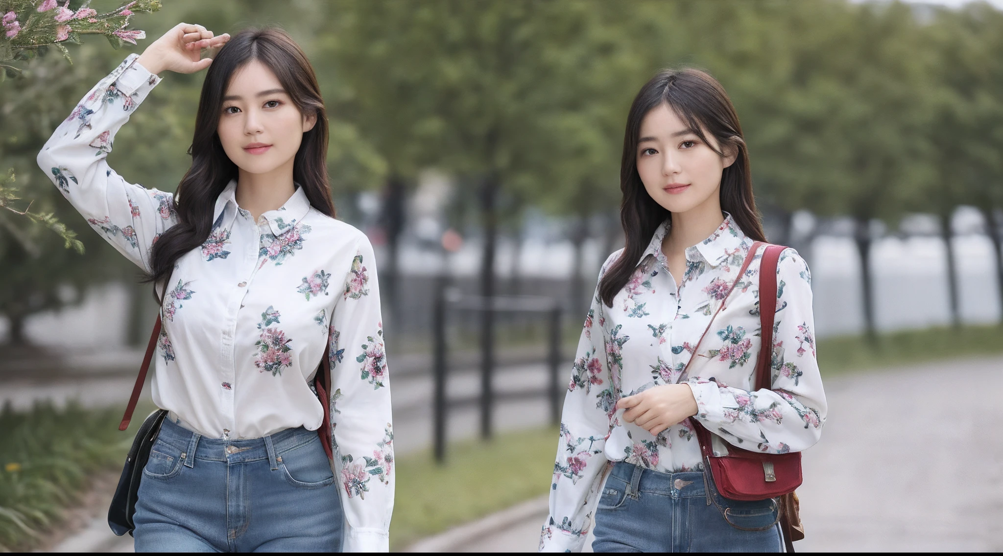 (8K、top-quality、​masterpiece:1.2)、(realisitic、Photorealsitic:1.37)、ultra-detailliert、((Beautuful Women))、((Jeans - Wear jeans))、((Long sleeve shirt with floral pattern))、hiking、((Breast))、((Black shorthair))、plateau、((A slight smil))、((Walking))、((Carrying a rucksack))