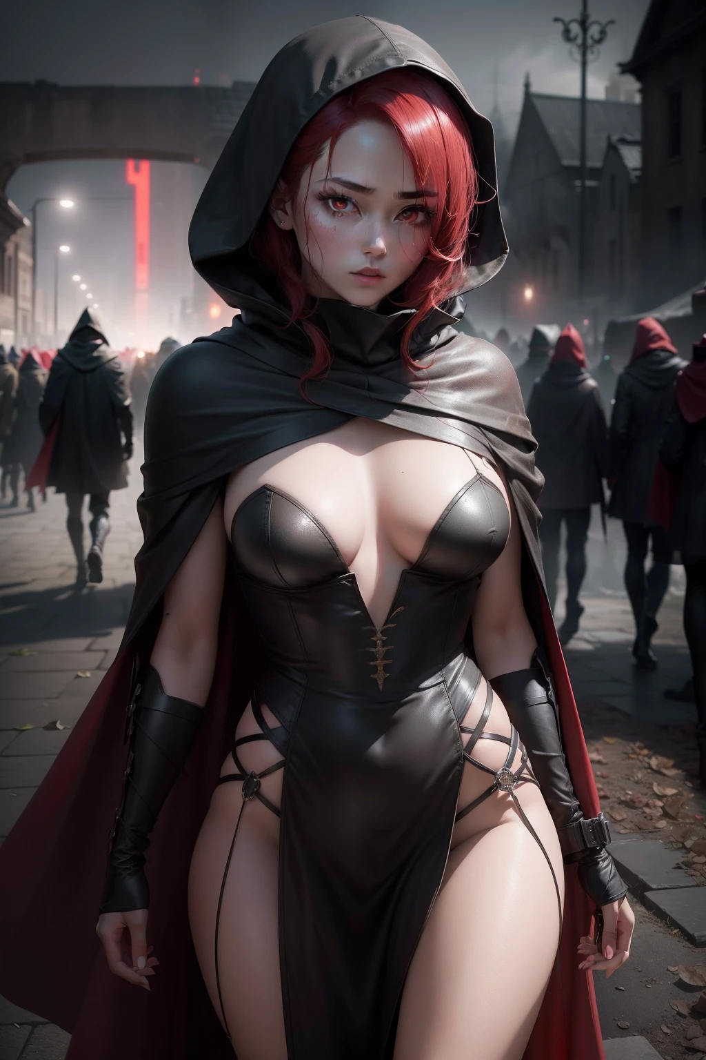 (RAW photo, 4k, masterpiece, high resolution, extremely complex) (realistic: 1.4),(Bandage wrapped around head covering one eye), cinematic lighting, (((a female character))), Focus on ground, (night), fog, medieval\(Style\), (Best Quality), (Highres),(dark skin)(short red hair),(big flowing red cape),(red and black clothing covering entire body ),(8k expressionless face),(Red eyes),(ulzzang-6500:1.0),(ground),(spectators),(piercing gaze),(side),(mysterious catacomb environment),((speed)), (reality),