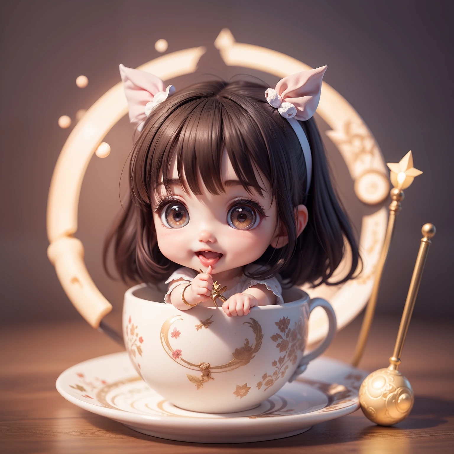 Cute Baby Chibi Anime,Super masterpiece, top-quality, Ultra-detailed, girl1、(((Chibi)))、A dark-haired、magical little girl、magic circles、Magic cane、Open your mouth and smile、Looking at the camera、Fulll body Shot、Fairytale Magical Land