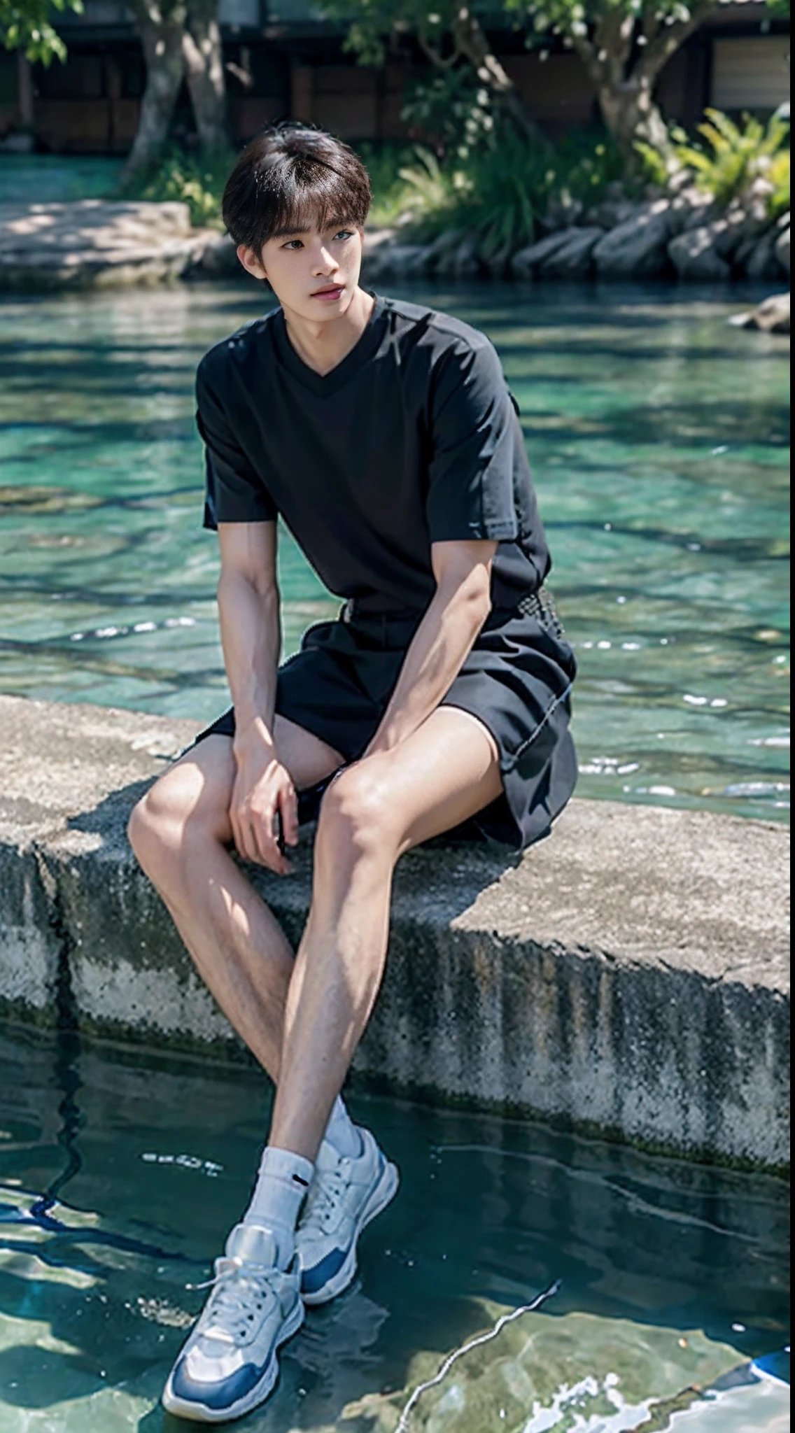 (A 15-year-old junior high school boy:2),Positive perspective,(malefocus),(Expose the whole body:2),Height 300 cm,(long and straight legs:2),Lower extremities shown,Expose shoes,Tall guy,Tall,Bodybuilding,Strong,Super tall,broad shoulder,Shota,Clear facial lines,J Delicate and perfect facial features,(The face of the animated male protagonist),Extremely handsome,tilts your head,Men's Special Operations Uniform,Short messy hair,Eyes widen,orthofacial,grievance,athletic sneakers。and the sun was shining brightly,By the small river,sittinng on the river,ultra-realistic realism, (Photorealistic detail), Incredible accuracy, lifelike textures, masterful technique, Jaw-dropping precision, artistic dedication,(anatomy correct:2),Good lighting,exquisite detailing,Best quality,stunning masterpiece,CG,(Colored screen)