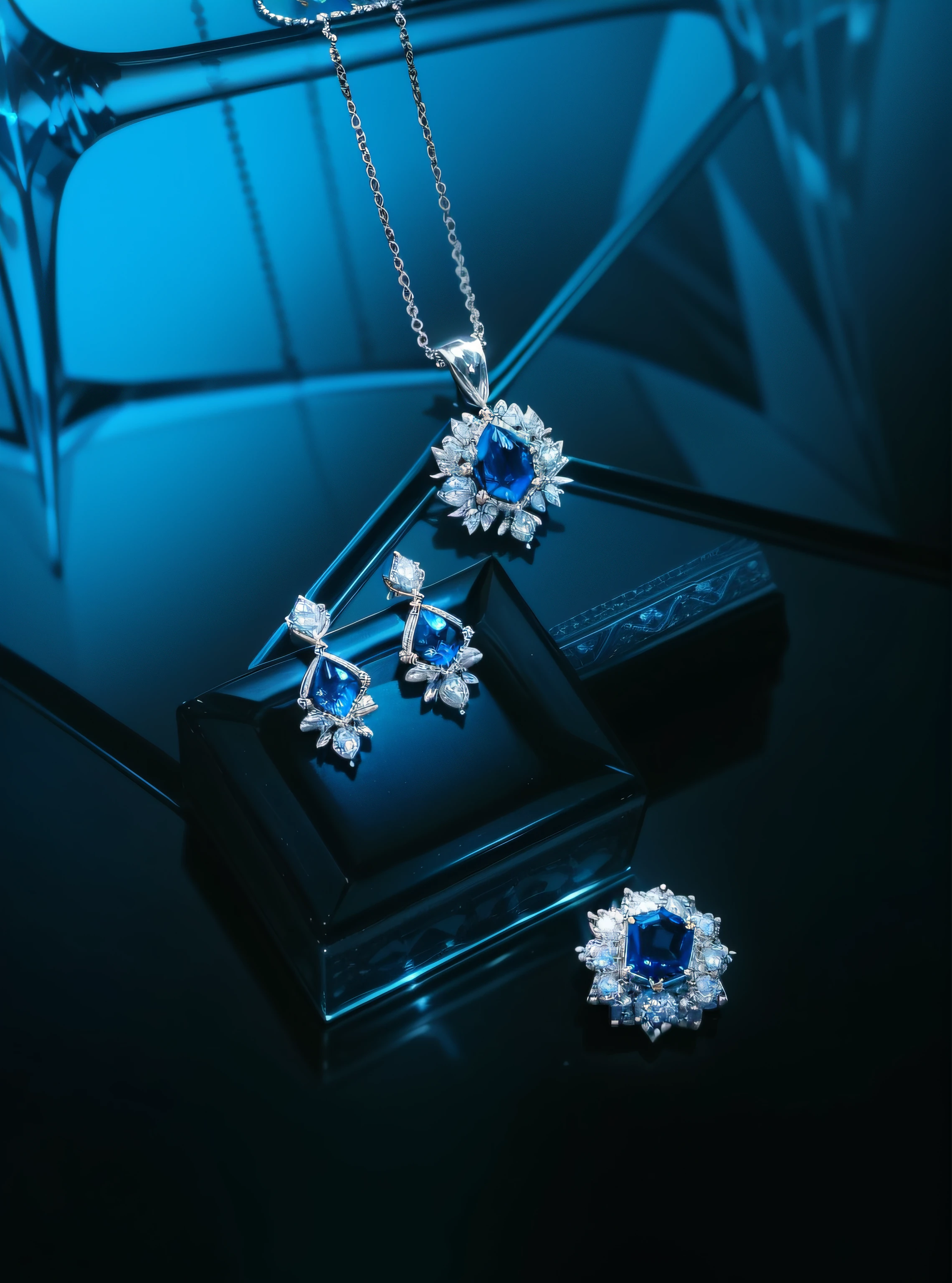 Close-up of necklace and earrings on table, blue jewellery, jewelry photography, silver and sapphire, silver trinkets, sapphires, carved from sapphire stone, silver and blue, luxurious neckless, sapphire butterfly jewellery, blue adornements, platinum jewellery, de um azul intenso, brilliant royal blue, wearing elegant jewellery, blue and silver colors, sapphire earrings