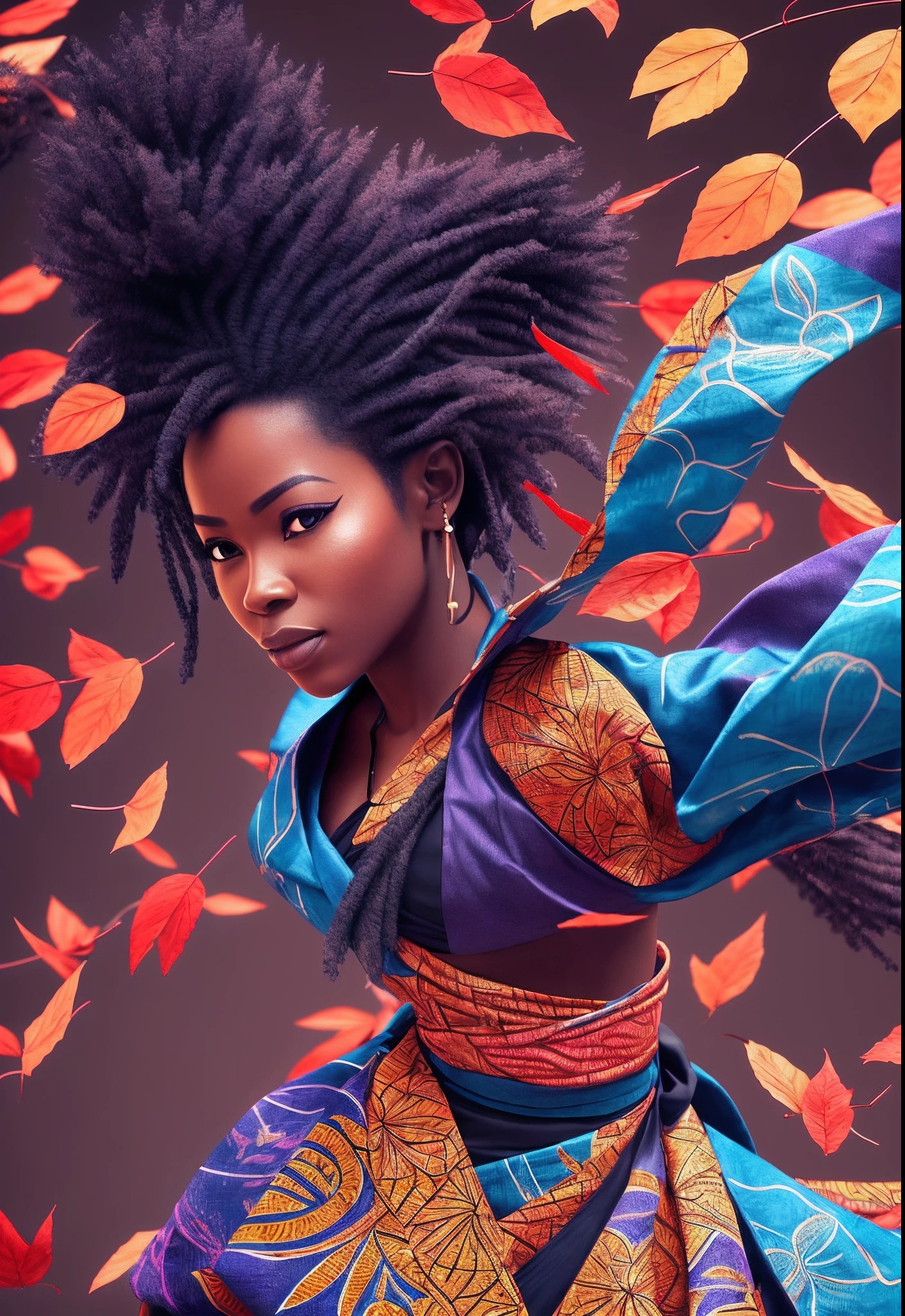African woman dressed in African design samurai clothes, with curly blue hair with a sword jumping in air, fighting pose in mid air slashing falling red leaves with a sword, with iridescent light, highly detailed images, vibrant beautiful colours, photorealistic image, 8k, ultra HD, unreal engine rendered, cinematic lighting, artgerm style, --auto --s2