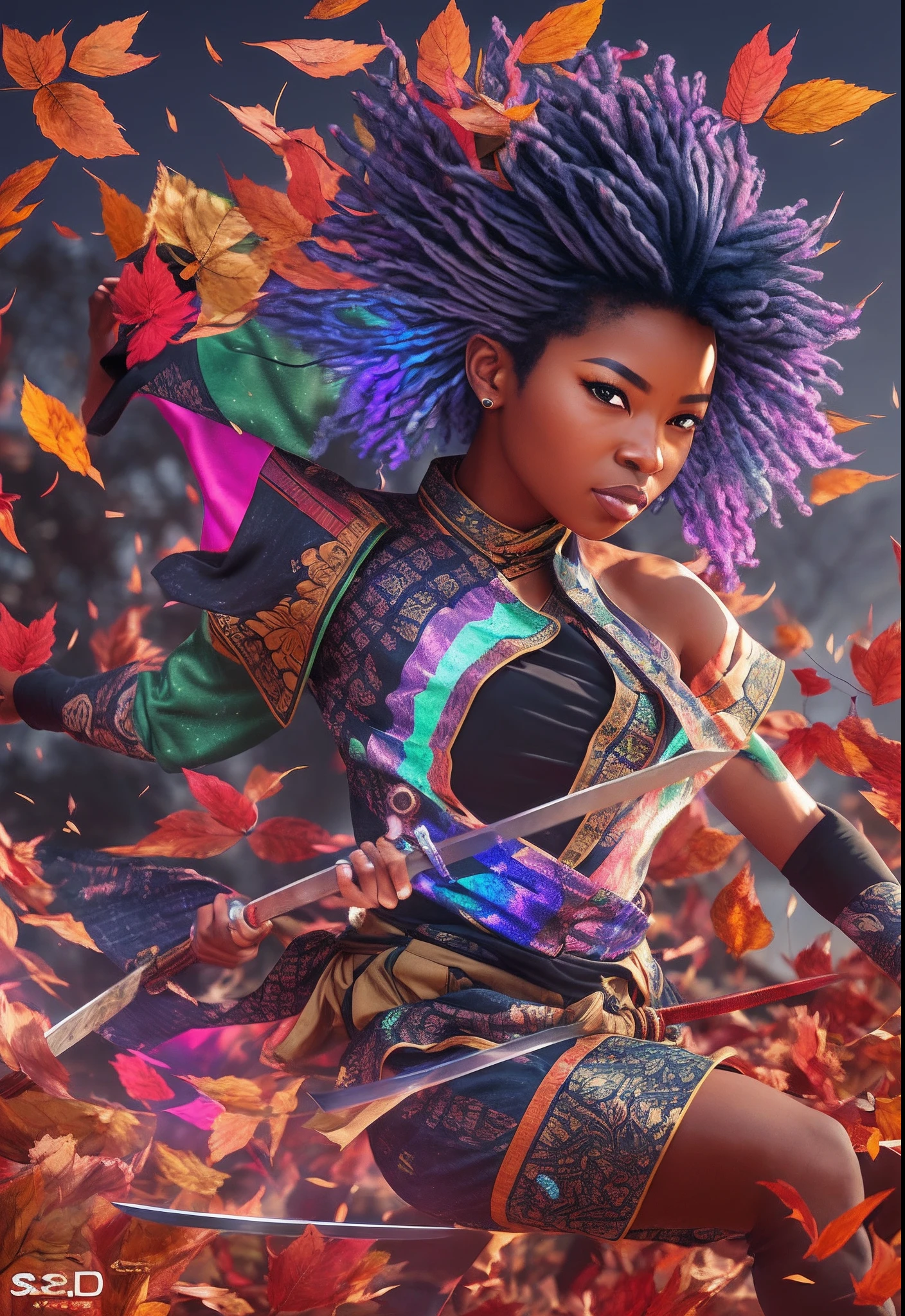 African woman dressed in African design samurai clothes, with curly blue hair with a sword jumping in air, fighting pose in mid air slashing falling red leaves with a sword, with iridescent light, highly detailed images, vibrant beautiful colours, photorealistic image, 8k, ultra HD, unreal engine rendered, cinematic lighting, artgerm style, --auto --s2