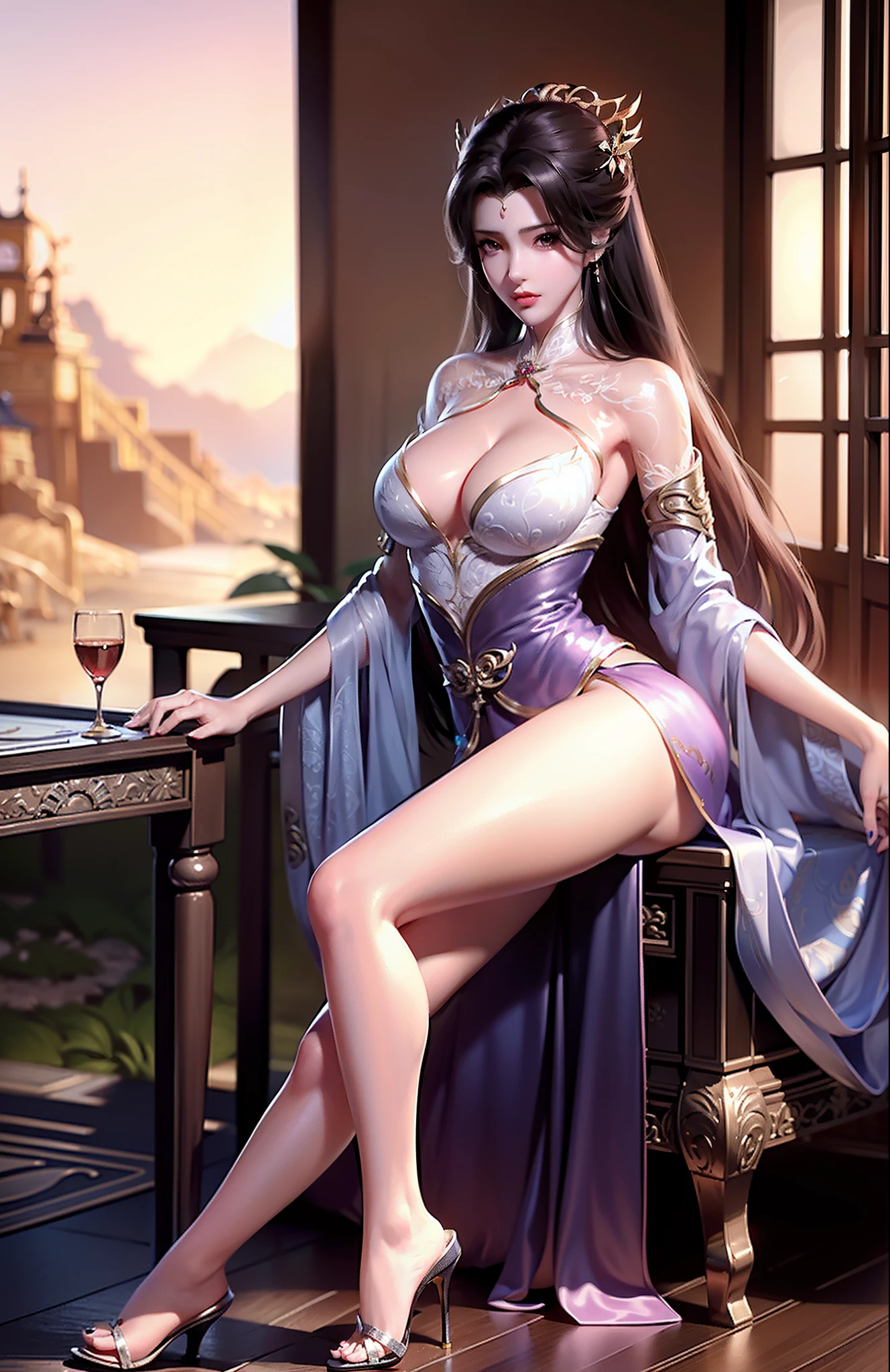 Sexy seductive lady, 30 years old, peach blossom eyes, smoky makeup, silk high-forked hanfu, stiletto heels, (bare legs), provocative expression, sitting on a dragon chair, striped hair, black hair, moles under the eyes, makeup, anime style, seductive smile, kinky smile, Chinese court, chinese feeling, lantern, chinese knot, uhq, masterpiece, , 8k, best quality, ccurate, anatomically correct, highly detailed characters, stiletto heels, bare legs, rounded smooth bare legs, (8k, original photo, best quality, Masterpiece,,:1.2),((character)concept art),Full body concept,fine details,Screen center,