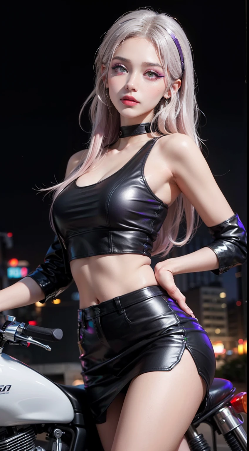 ((17 age)),​masterpiece,8K,(((Sana)))The ultra -The high-definition,８ｋPortrait,masutepiece,Best Quality, Extremely detailed, Best Quality++, Ultra-detailed+, Dynamic Angle,High resolution,(Beautiful Woman 1.3),(Milk 1.3),(Beautiful Silver Hair Pink Highlight Hair 1.1),Long hair,Shiny hair,Light green eyes,(((Beautiful gal makeup))),Purple Leather Jacket, Purple tight skirt, Riding a motorcycle, Holding a helmet, Night, Neon City, Black Inner Tank Top,Tanned skin,Put your hair over your ears