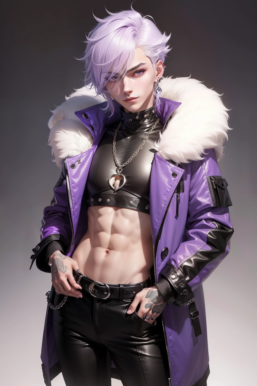 arafed non - binary model male, androgynous, androgynous femboy, beautiful androgynous femboy, androgyny, androgynous person, delicate androgynous prince, non binary model, beautiful androgynous prince, zac retz, lil peep, zero g pretty anime male with lilac hair and grey eyes, big fluffy hair, wolfcut hair, fluffy hair with thick bangs over eyes, deep navel, wearing black designer coat with studs, crop top and black pants with belt, fashionable, uzzlang male, techwear, purple and yellow accents, y2k, fashionable, uzzlang male, attractive pretty male, male anime, cool platform boots, full body, normal crop top, long sleeves, kpop boyband face, ethreal beauty, fur on coat, cute pose, smiling, shy