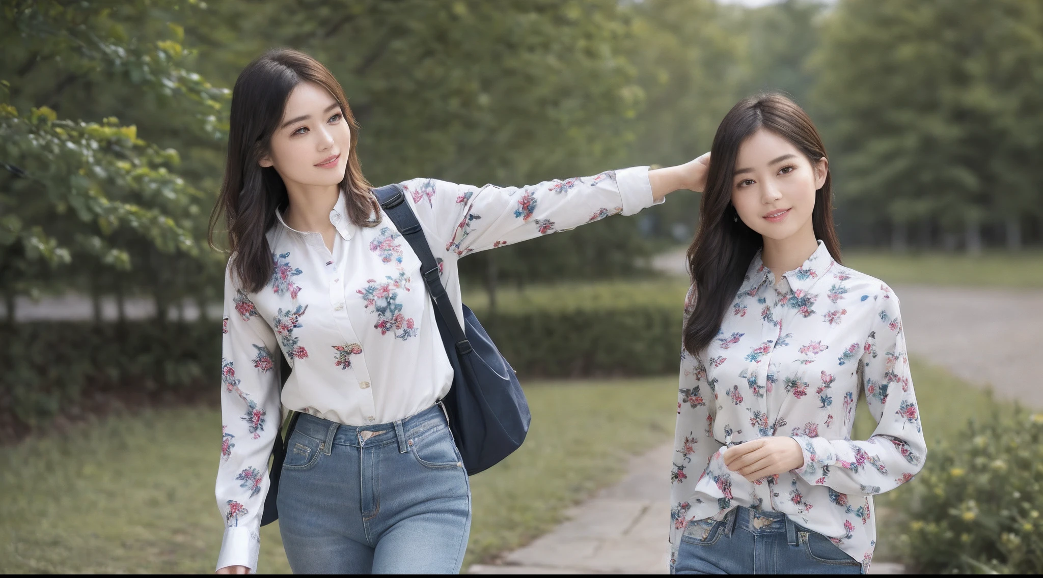 (8K、top-quality、​masterpiece:1.2)、(realisitic、Photorealsitic:1.37)、ultra-detailliert、((Beautuful Women))、((Jeans - Wear jeans))、((Long sleeve shirt with floral pattern))、hiking、((Breast))、((Black shorthair))、plateau、((A slight smil))、((Walking))、((Carrying a rucksack))