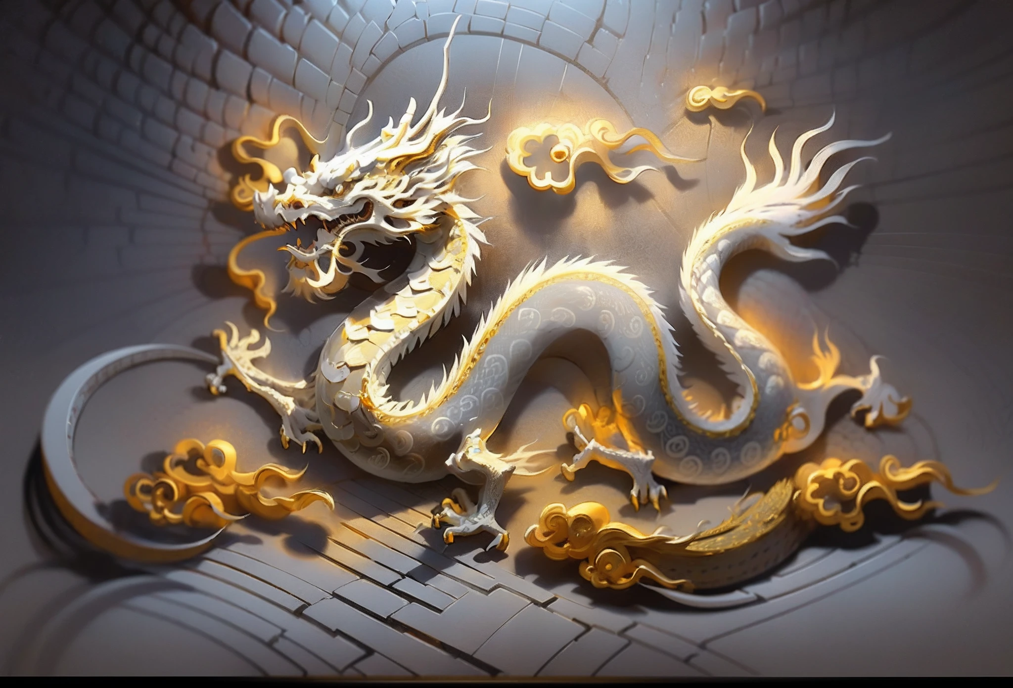 Highest quality、 Ultra-high resolution、4K Ultra HD、A white dragon with golden scales、The Golden Temple、Japanese style、Gold background、Increase your luck with money、Dragon like a snake