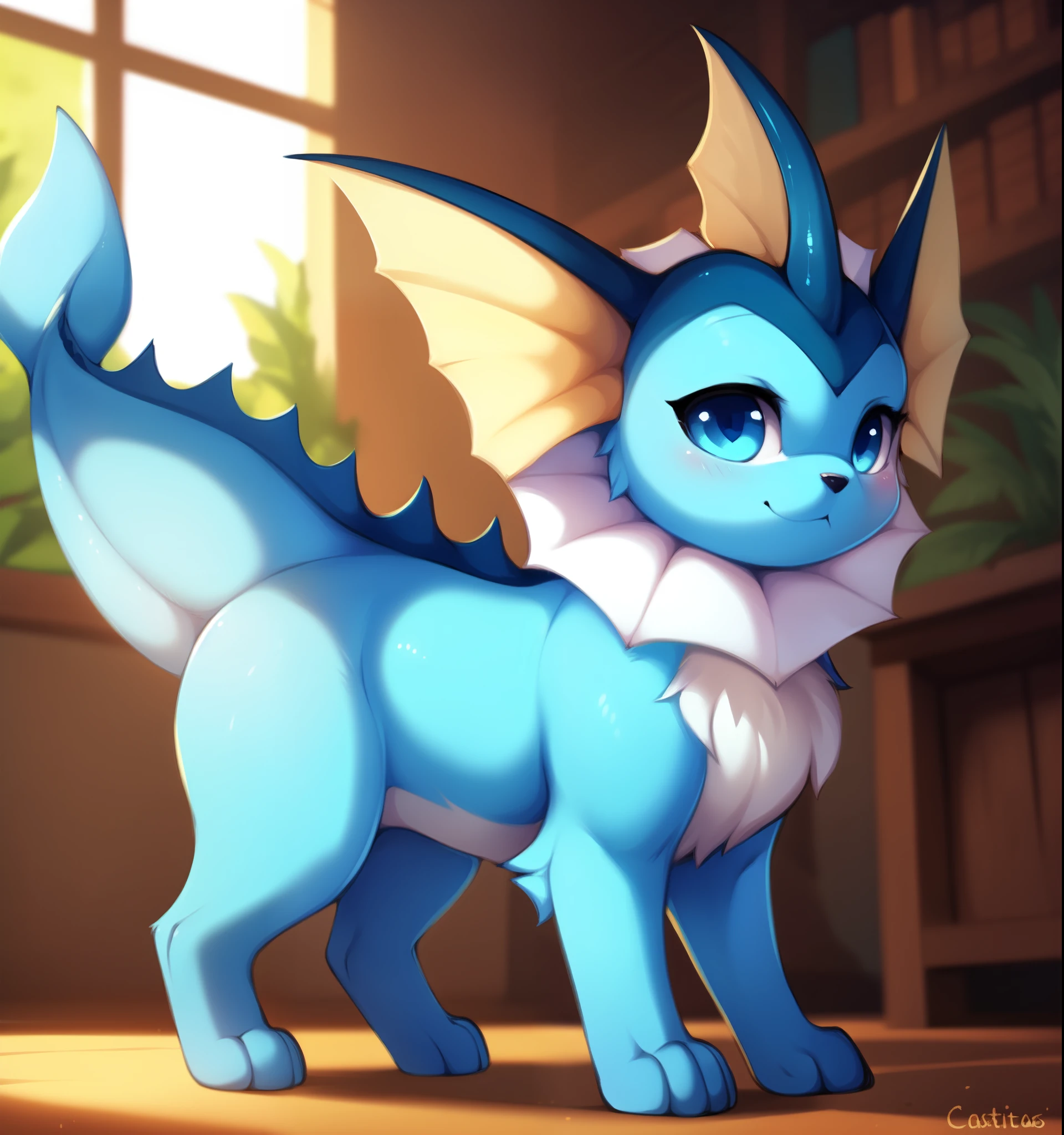 uploaded on e621, ((by Castitas, by Makoto Shinkai, by Hioshiru, by Glacierclear, by Rumiko Takahashi)),
solo chibi (quadruped feral:1.4) ((Vaporeon)) with ((blue violet body)) and ((clear light blue eyes)) and (whale tail), 
(detailed Vaporeon), ((detailed fluffy fur)),
(half-length portrait, looking away, three-quarter view, [low-angle view]:1.2),
BREAK,
(detailed background, depth of field, half body shadow, sunlight, ambient light on the body),
(intricate:0.7), (high detail:1.2), (unreal engine:1.3), (sharp focus:1.1),
[explicit content, questionable content], (masterpiece, best quality, 4k, 2k, shaded, absurd res)