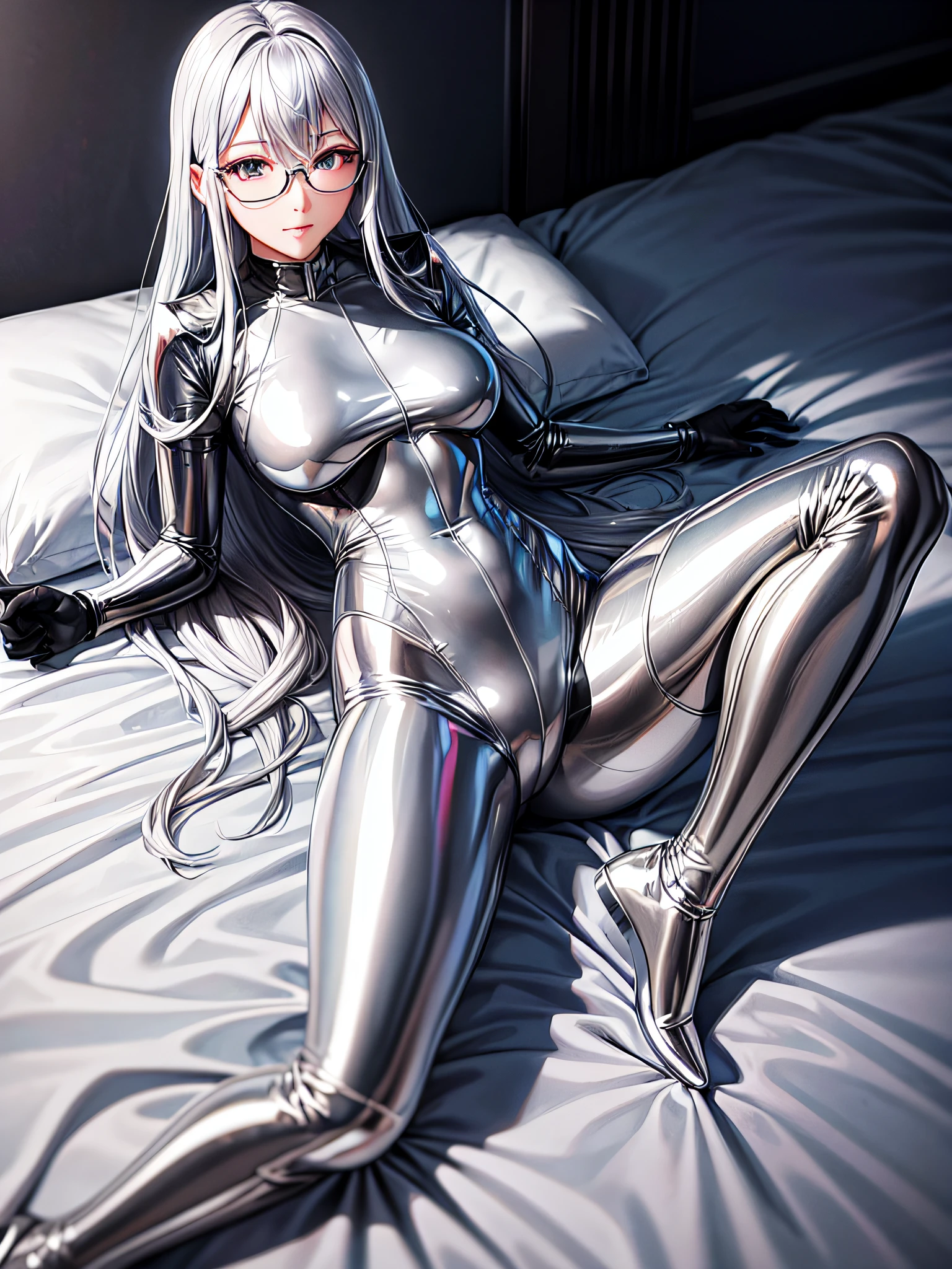 5 8K UHD、Silver shiny silver full body rider suit with glasses silver hair and nosed beauty lying on bed、Shiny silver latex slider suit with hidden skin