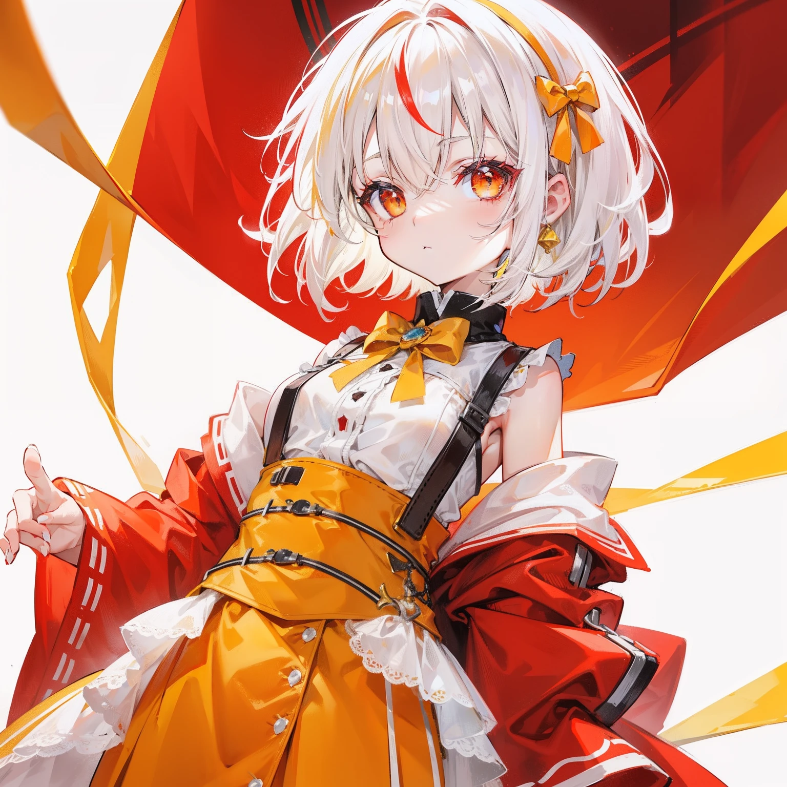 The short white hair has a slight reddish tinge，The head is decorated with a yellow bow，Crimson pupils，Red, orange and yellow clothes，Is a cute loli