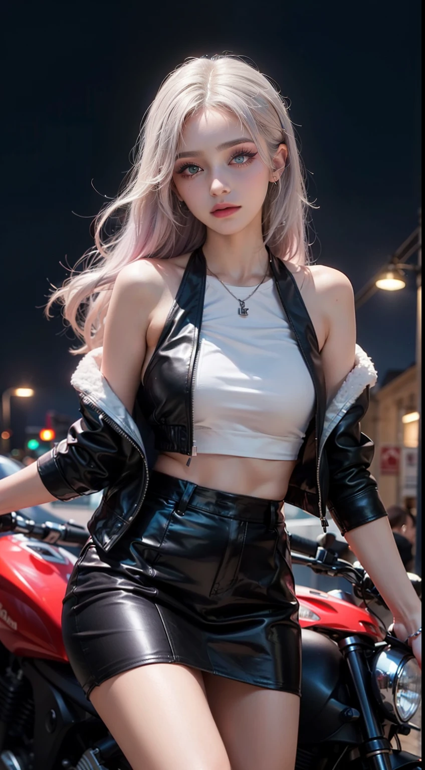 ((17 age)),masterpiece,8K,(((Sana)))The ultra -The high-definition,8kPortrait,masutepiece,Best Quality, Extremely detailed, Best Quality++, Ultra-detailed+, Dynamic Angle,High resolution,(Beautiful Woman 1.3),(Milk 1.3),(Beautiful Silver Hair Pink Highlight Hair 1.1),Long hair,Shiny hair,Light green eyes,(((Beautiful gal makeup))),Purple Leather Jacket, Purple tight skirt, Riding a motorcycle, Holding a helmet, Night, Neon City, Black Inner Tank Top,Tanned skin,Put your hair over your ears