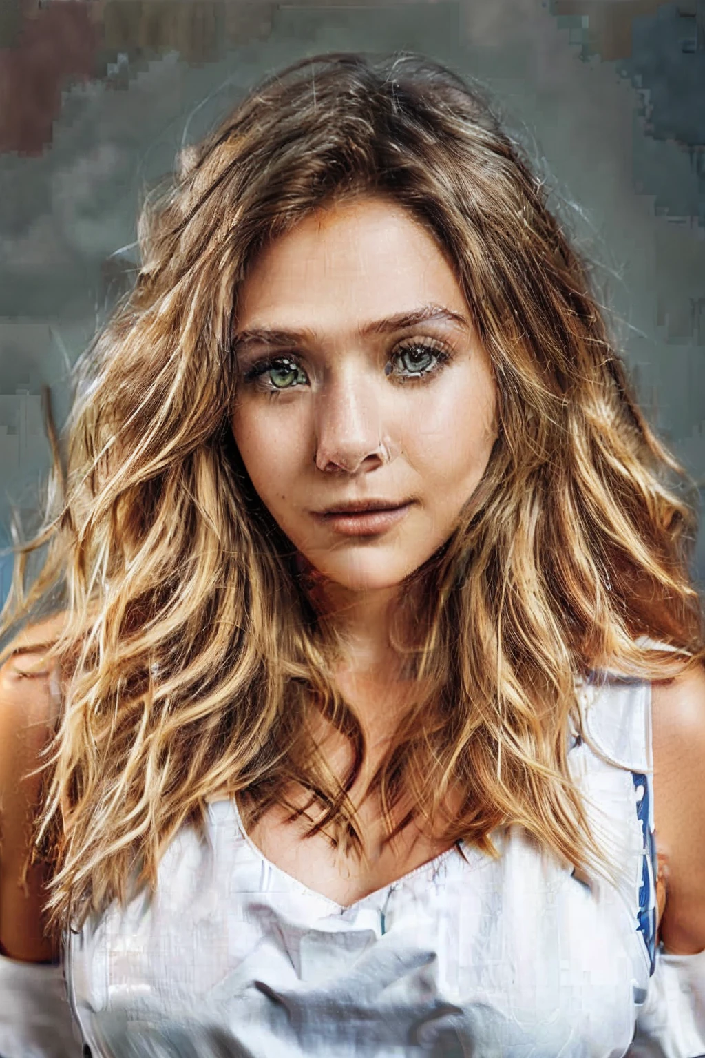 a Realistic photo of 3l10ls3n woman with blue eyes and blonde Hair style, long hair, looking at viewer, simple background, brown hair, bare shoulders, green eyes, upper body, grey background, lips, realistic, soft lighting, professional Photography, Photorealistic, detailed eyes, RAW, analog, sharp focus, 8k, HD, DSLR, high quality, Fujifilm XT3, film grain, award winning, masterpiece