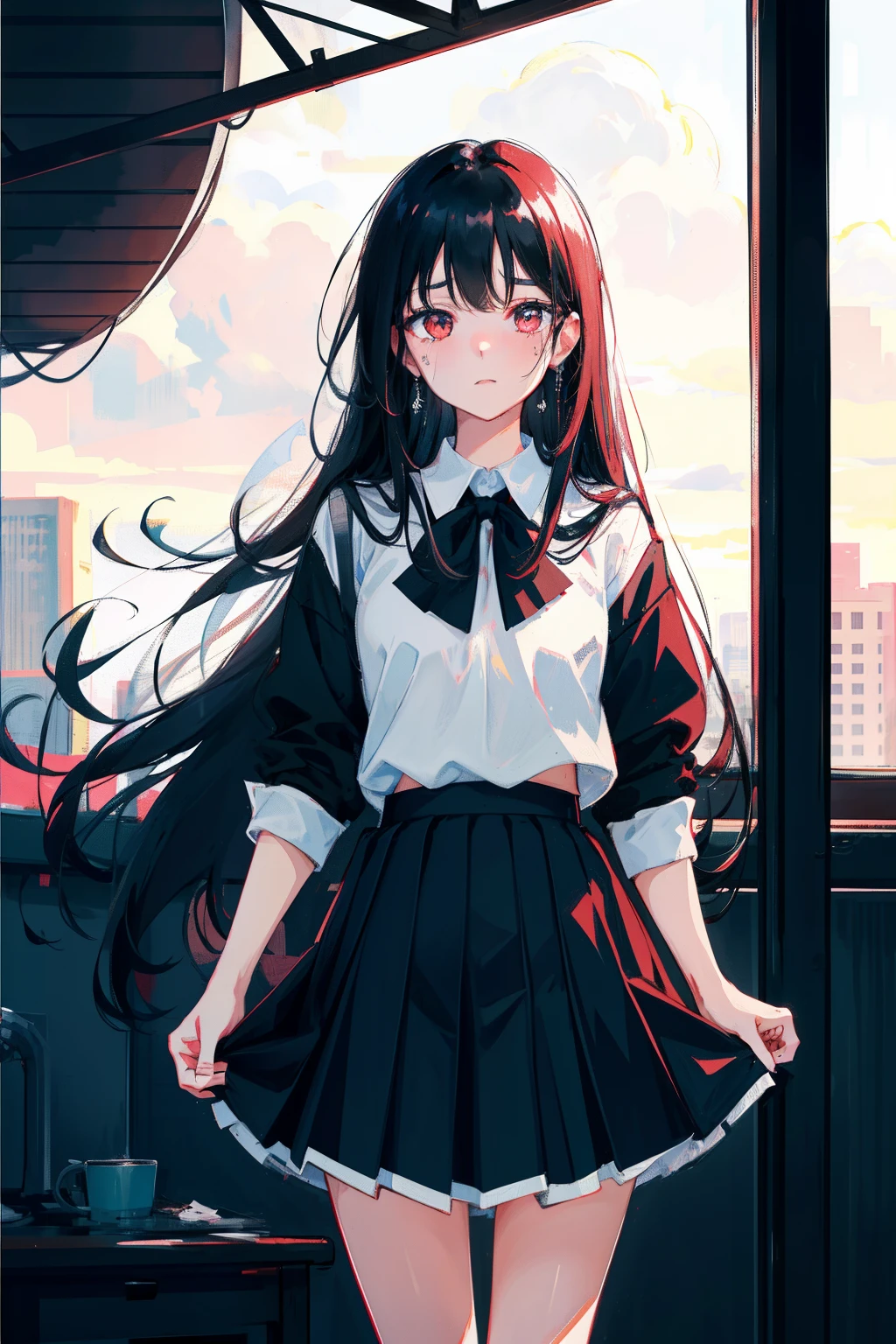 Beautiful girl with long black hair in black skirt and school uniform top, Ultra HD 8K masterpiece, make eye contact with the viewer.weeping，teardrop