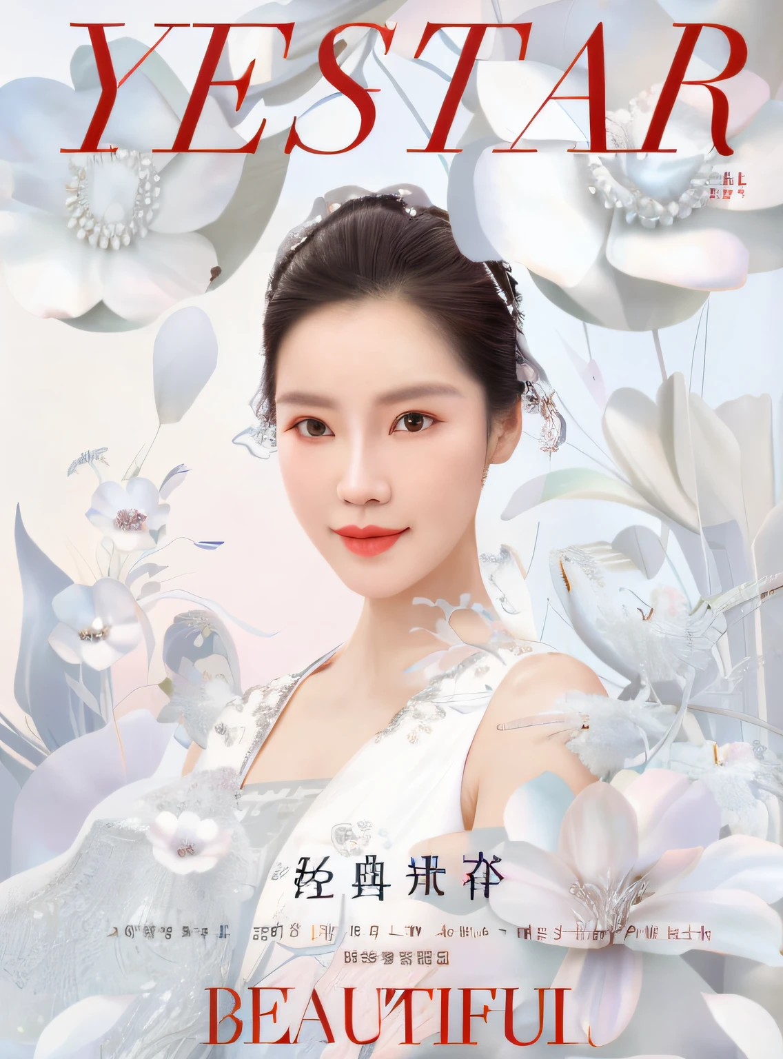 A close-up of a woman in a white dress on the cover of a magazine, heise-lian yan fang, Middle metaverse, ruan jia beautiful!, cover photo portrait of du juan, beauty campaign, Inspired by Tang Yifen, Inspired by Li Tang, inspired by Yuan Jiang, Li Bingbing, inspired by Ni Tian, White petals