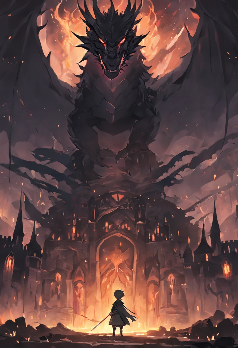 The kingdom is shrouded in darkness，Adrian, the young prince on the castle tower, stood in front of the black dragon，Facing the malicious gaze of the black dragon。The exterior of the castle shows darkness and heaviness。