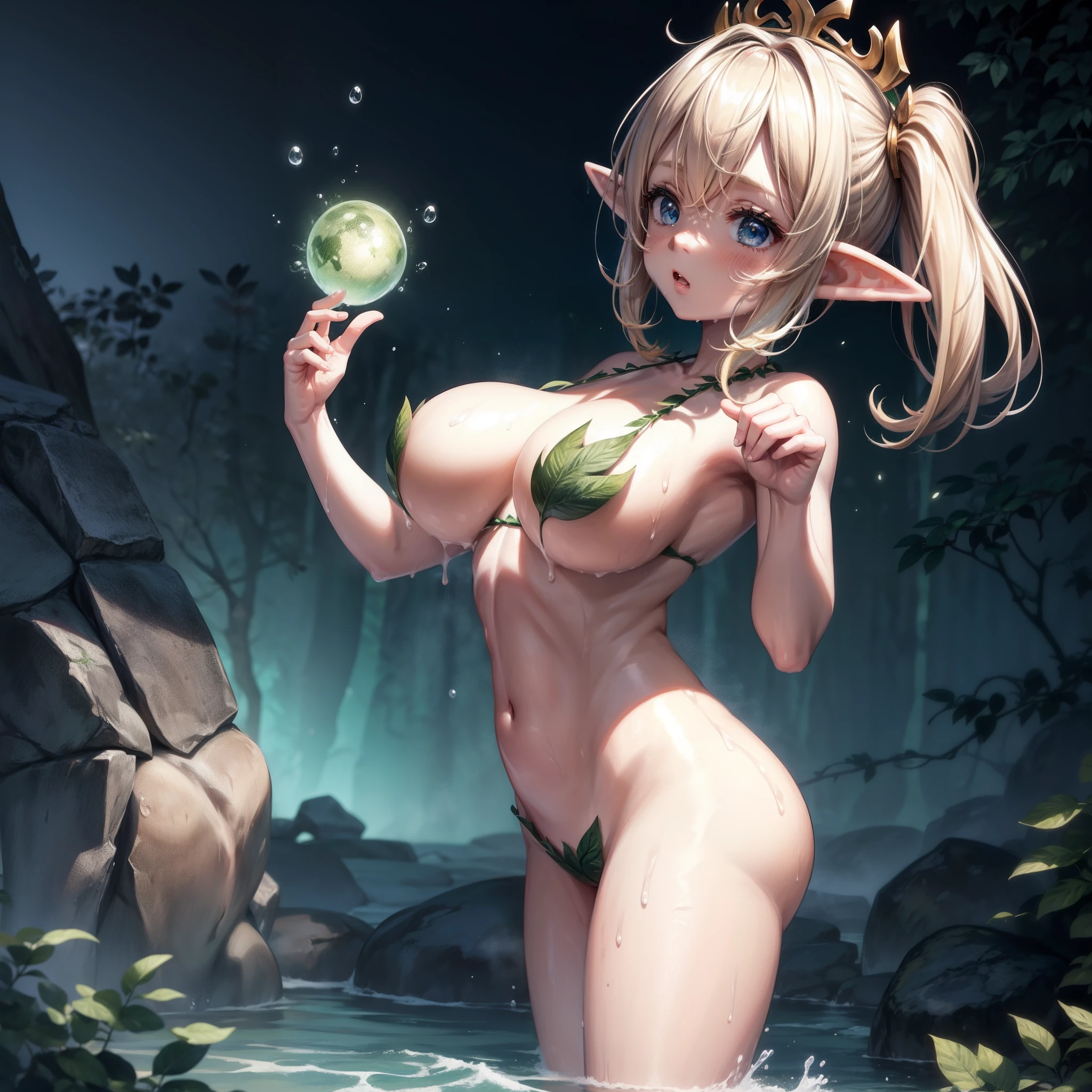 1girl, cute, elf, blonde hair, shortstackBT, leaf bikini, magic forest, in the water, soaked, splashing