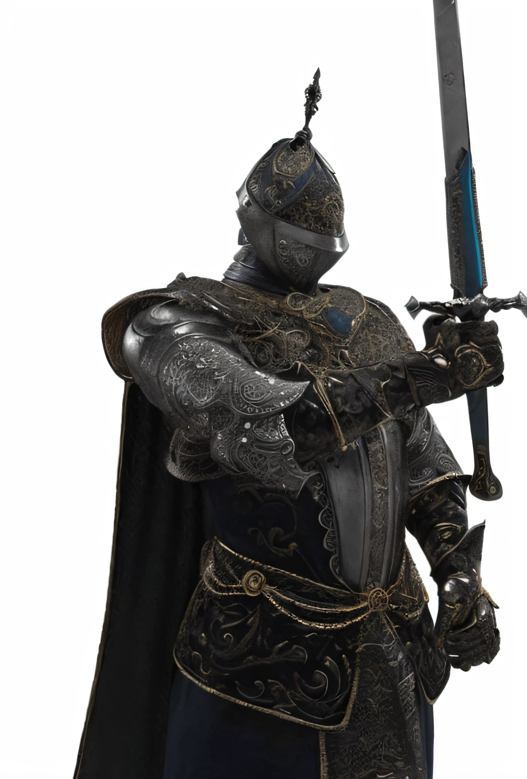 a closeup of a statue of a knight holding a sword, armadura altamente detalhada, armadura de prata detalhada, cavaleiro das almas das trevas, cavaleiro blindado, O Cavaleiro das Almas Negras, armadura azul e prata gelo, intrincada armadura gravada, armadura pesada de prata e ouro, armadura realista, armadura intrincada de prata, armadura grossa, luz saindo da armadura, armadura detalhada, armadura ornamentada