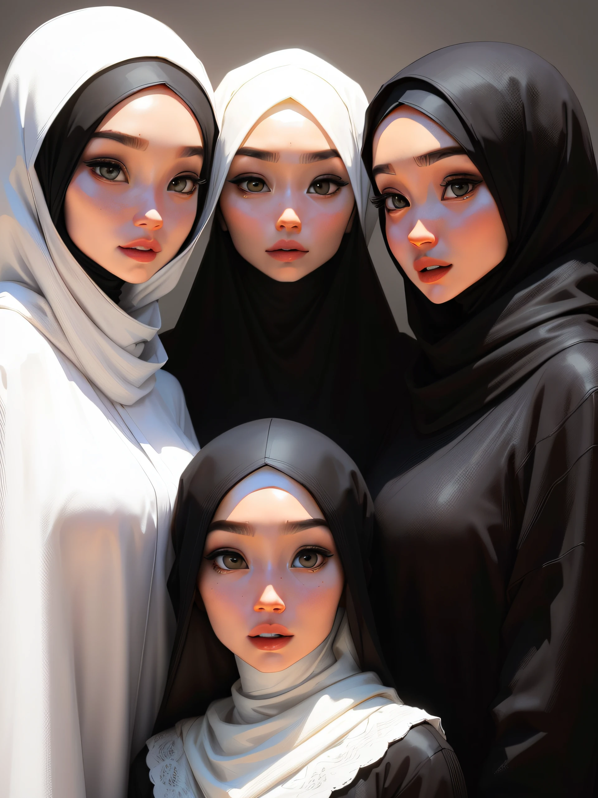 three women wearing hijab pose for a picture in black and white, malaysian, white hijab, hijab, immaculate complexion, official product photo, beauty campaign, beautiful faces, milky white skin, line sleek, smooth in _ the background, muira, porcelain skin tone, women's faces, head scarf, photoshoot for skincare brand, texture, shawl, fair complexion