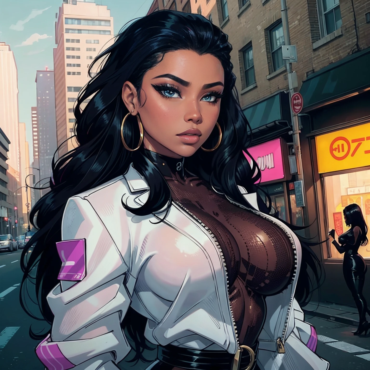 "nicki minaj, dark skin, black woman, portrait, highly detailed, modern urban style, city backdrop, direct gaze, defined contours."