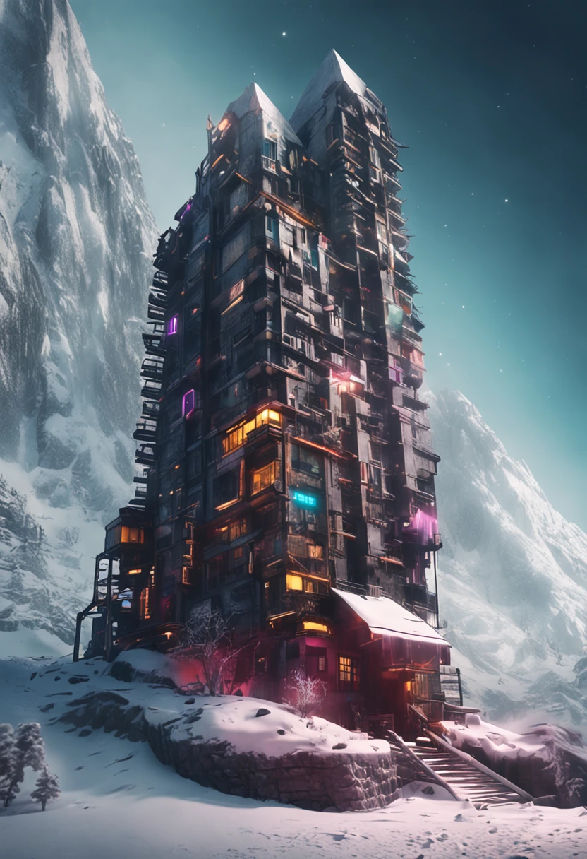 A city under a snowy mountain,tall house,cyber punk perssonage,