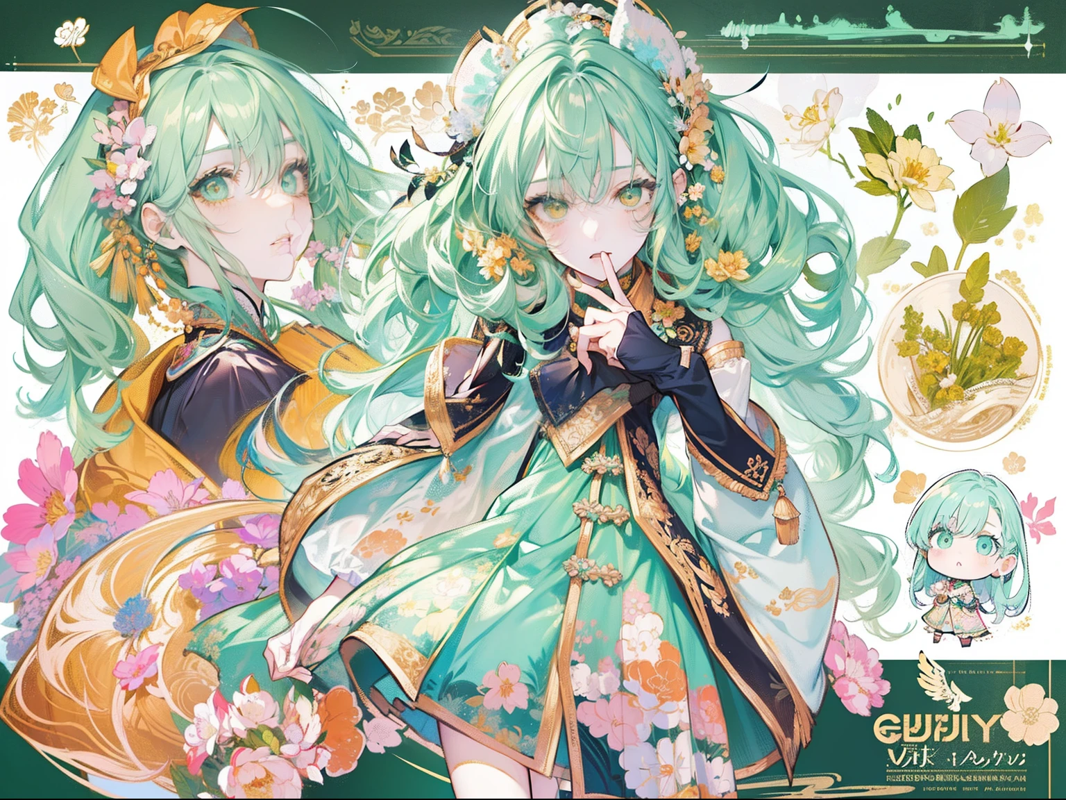 1 girl, Solo, Mint green hair,  Curly long hair, long and flowing hair, orange eyes, Colorful jacket, Vitality heels, Light clothing, Lolita skirt，Waist belt design， view the viewer, Fantasy art, painting of beautiful, Guvaica style, epic exquisite  character art, Amazing characters,Lean (reference sheet:1.5)