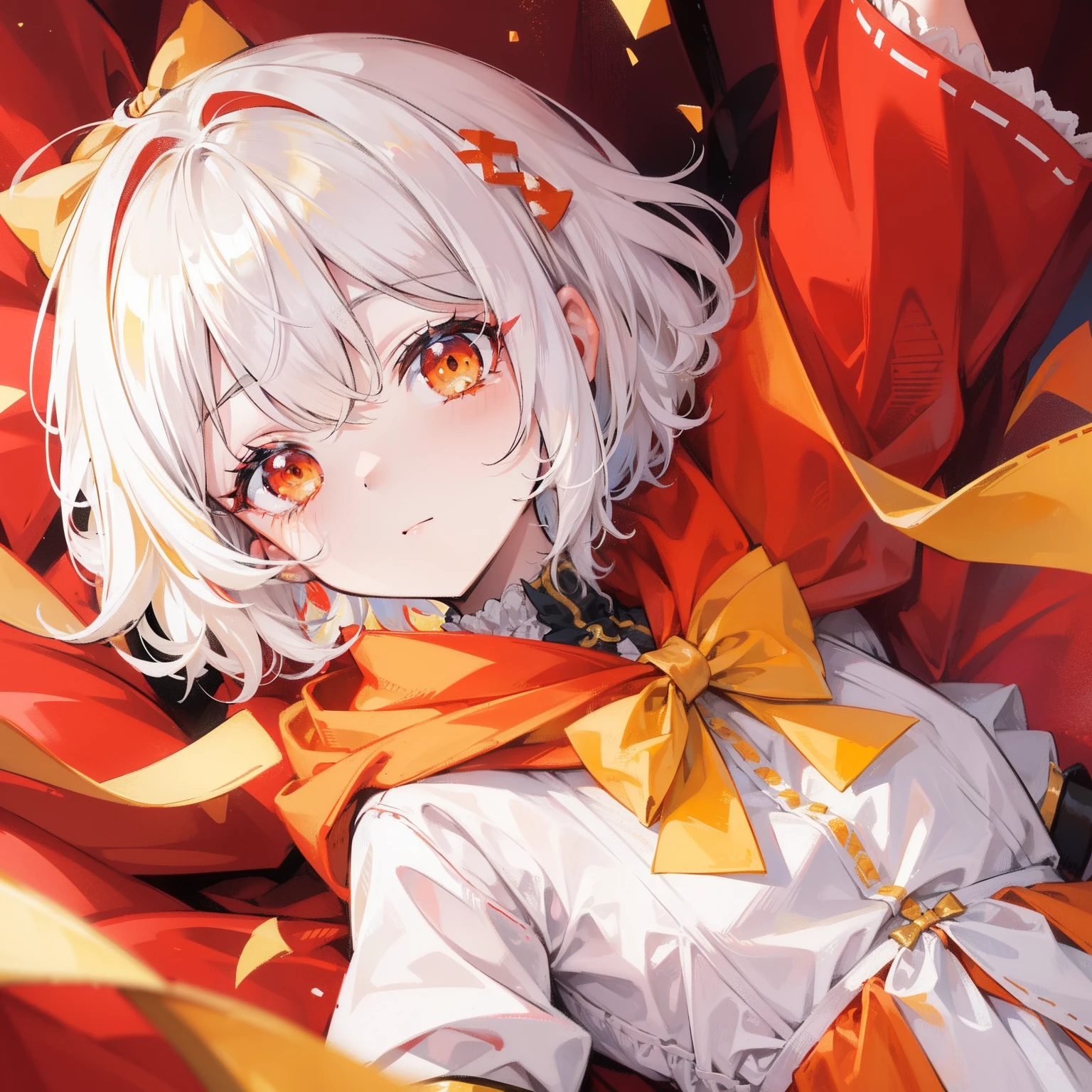 The short white hair has a slight reddish tinge,The head is decorated with a yellow bow,Crimson pupils,Red, orange and yellow clothes,Is a cute loli